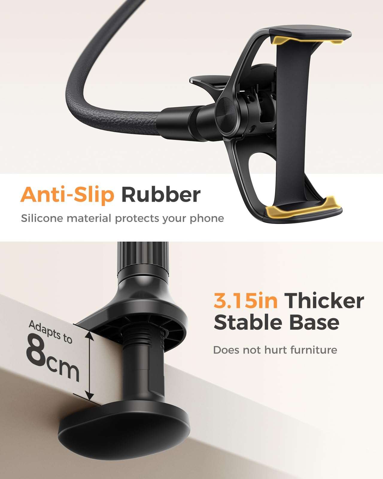 SAIJI Gooseneck Phone Holder for Bed Overall Length 38.6” Flexible Leather Wrapped Arm Overhead Cell Phone Mount Stand with 360° Adjustable Clamp Clip, Compatible with All 4-7” Cellphones (Black) - Image 4