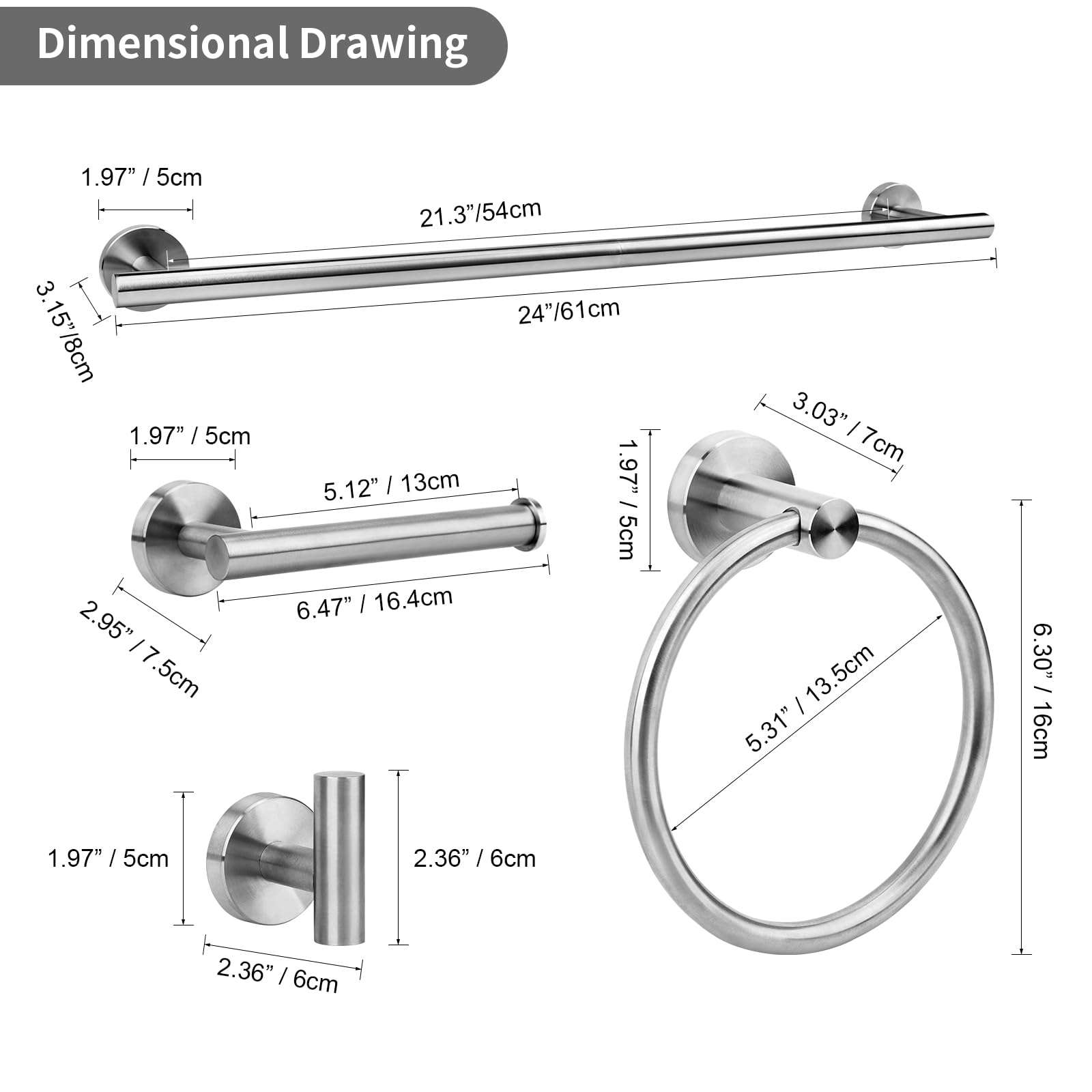 Ntipox Brushed Nickel Bathroom Hardware Accessories Set 5 Piece, Stainless Steel Bath Towel Bar Set 24 Inch,Toilet Paper Holder,Towel Ring Holder,Towel Rack Set, Brushed Nickel - Image 3
