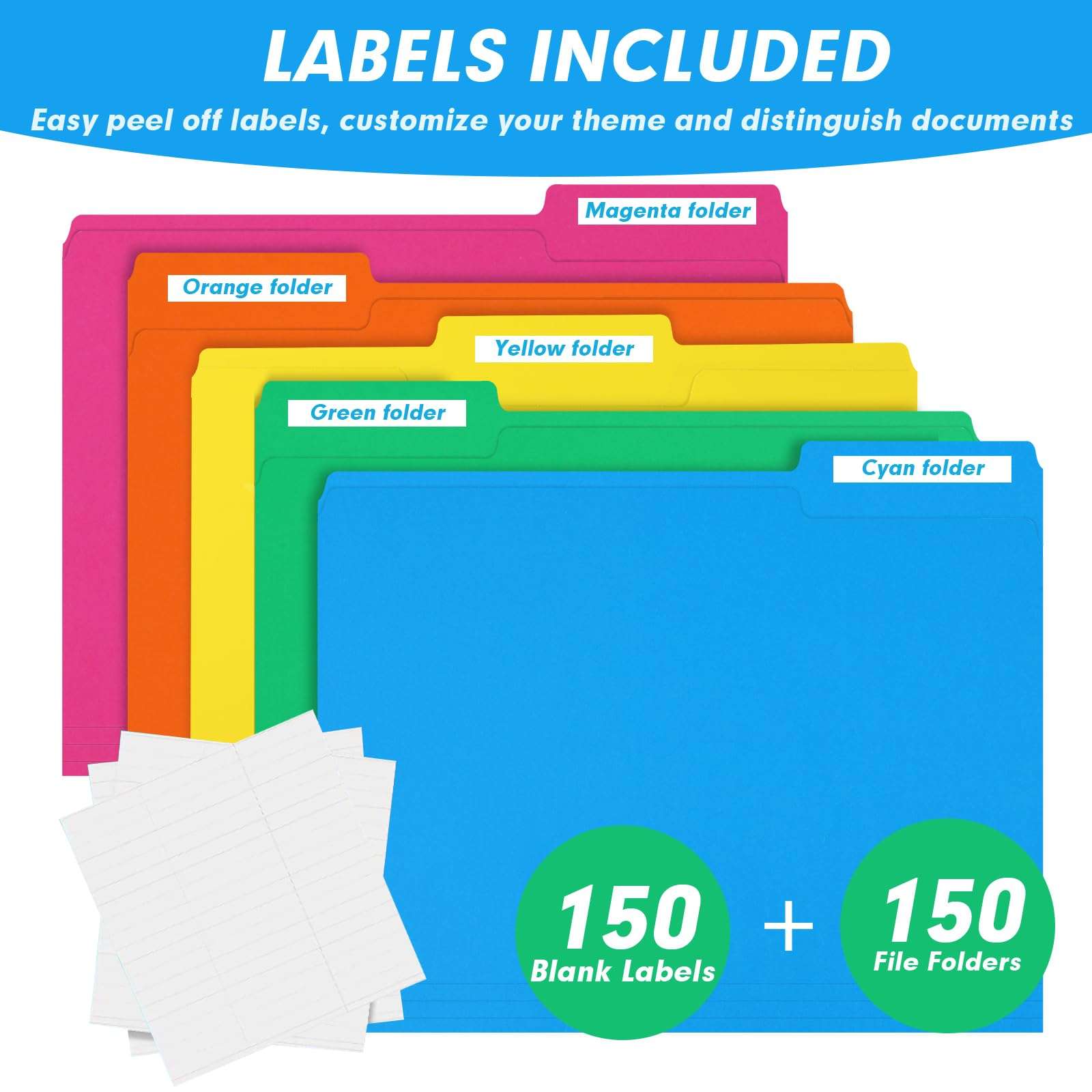 File Folder, RAZCC 150 Pack 1/3 Cut Tab Colored File Folders, File Folder Letter Size for Office Classroom Use, Assorted 5 Colors Folders with Tabs - Image 5