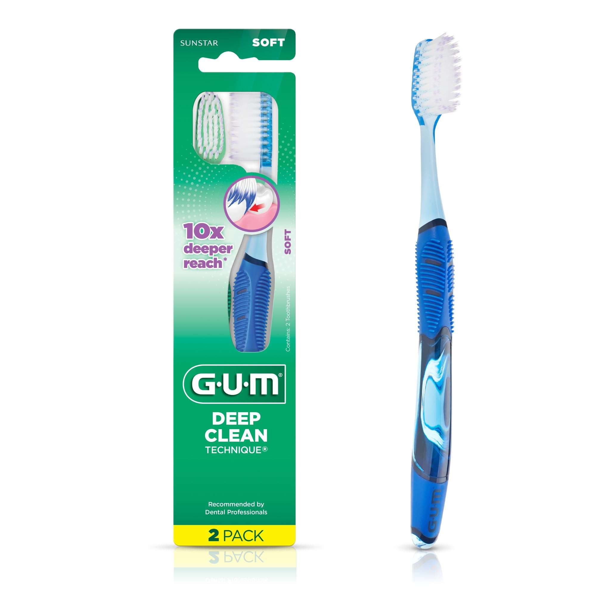GUM Technique Deep Clean Toothbrush - Full Head - Soft Toothbrushes for Adults with Sensitive Gums - Extra Fine Bristles, 2 Count - Image 1