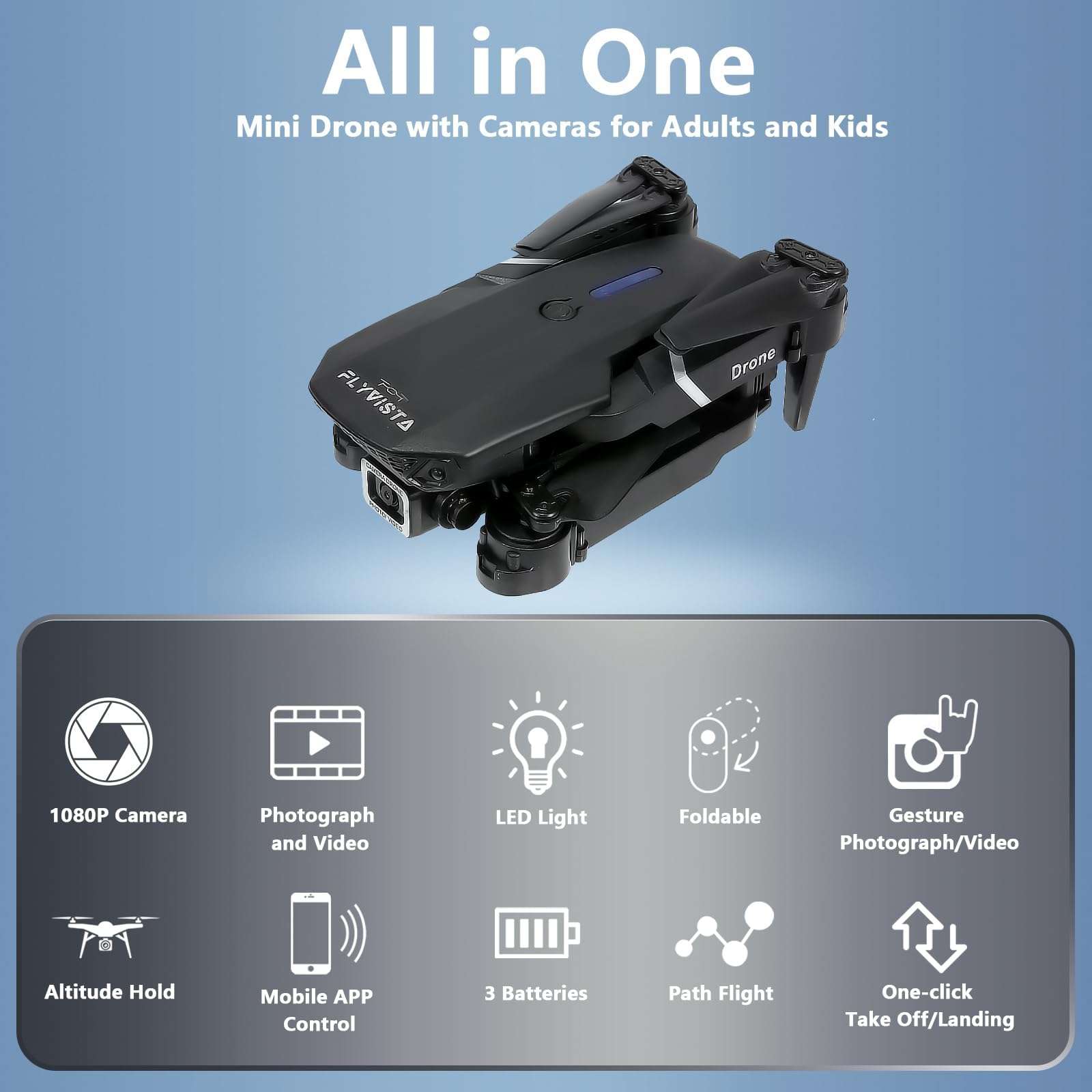 FLYVISTA Mini Drone with Camera for Adults Kids, 1080P WiFi FPV Camera Drone with 3 Batteries, One-Click Take Off/Landing, Altitude Hold, Headless Mode, 360° Flips, 3-Gear Speeds, Emergency Stop, Carrying Case, Toys Gifts for Kids and Adults Beginner - Image 7