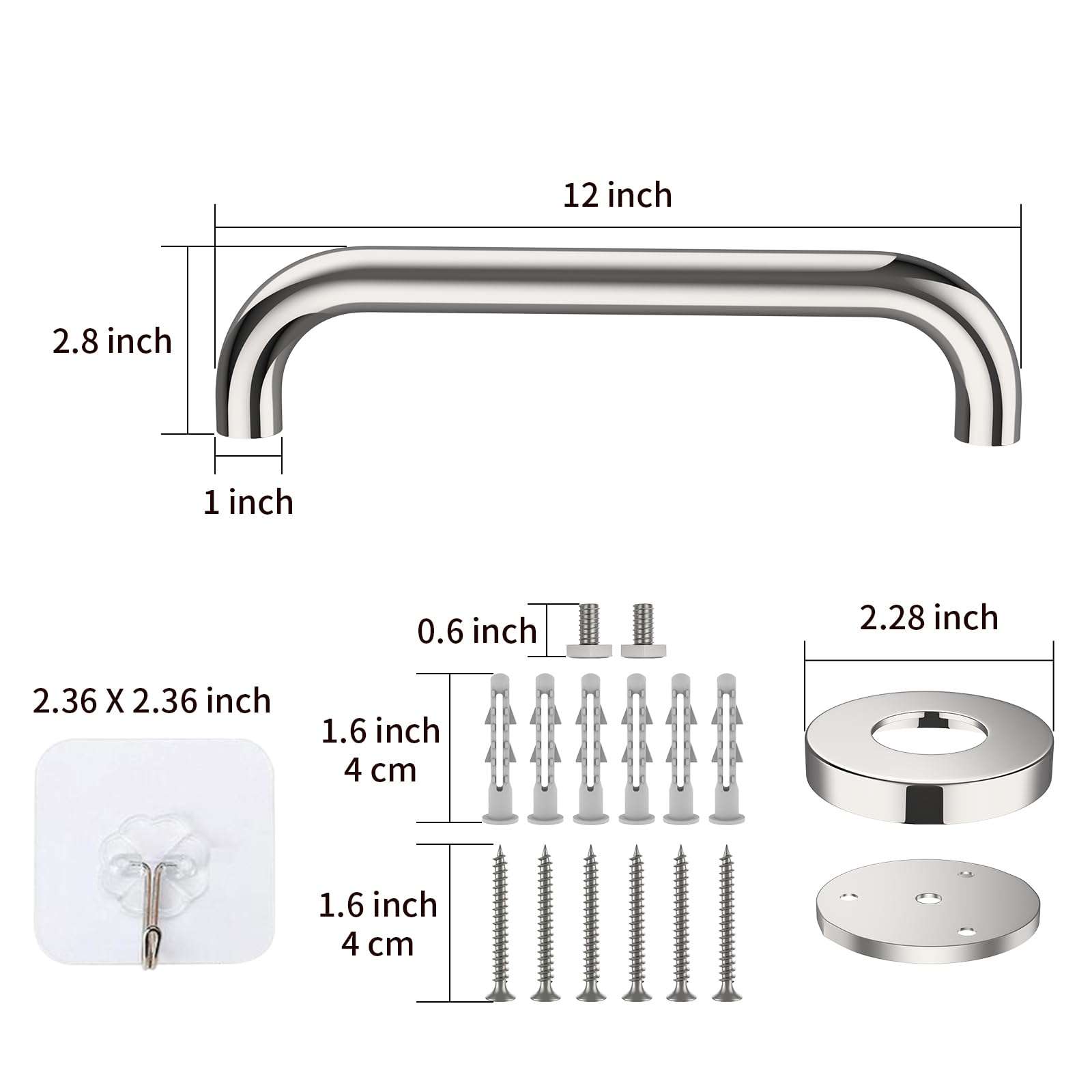 12 Inch Stainless Steel Shower Grab Bar - ZUEXT Shower Handle, Bathroom Balance Bar - Safety Hand Rail Support - Handicap, Elderly, Injury, Senior Assist Bath Handle (w/Self-Adhesive Stick-on Hook) - Image 2