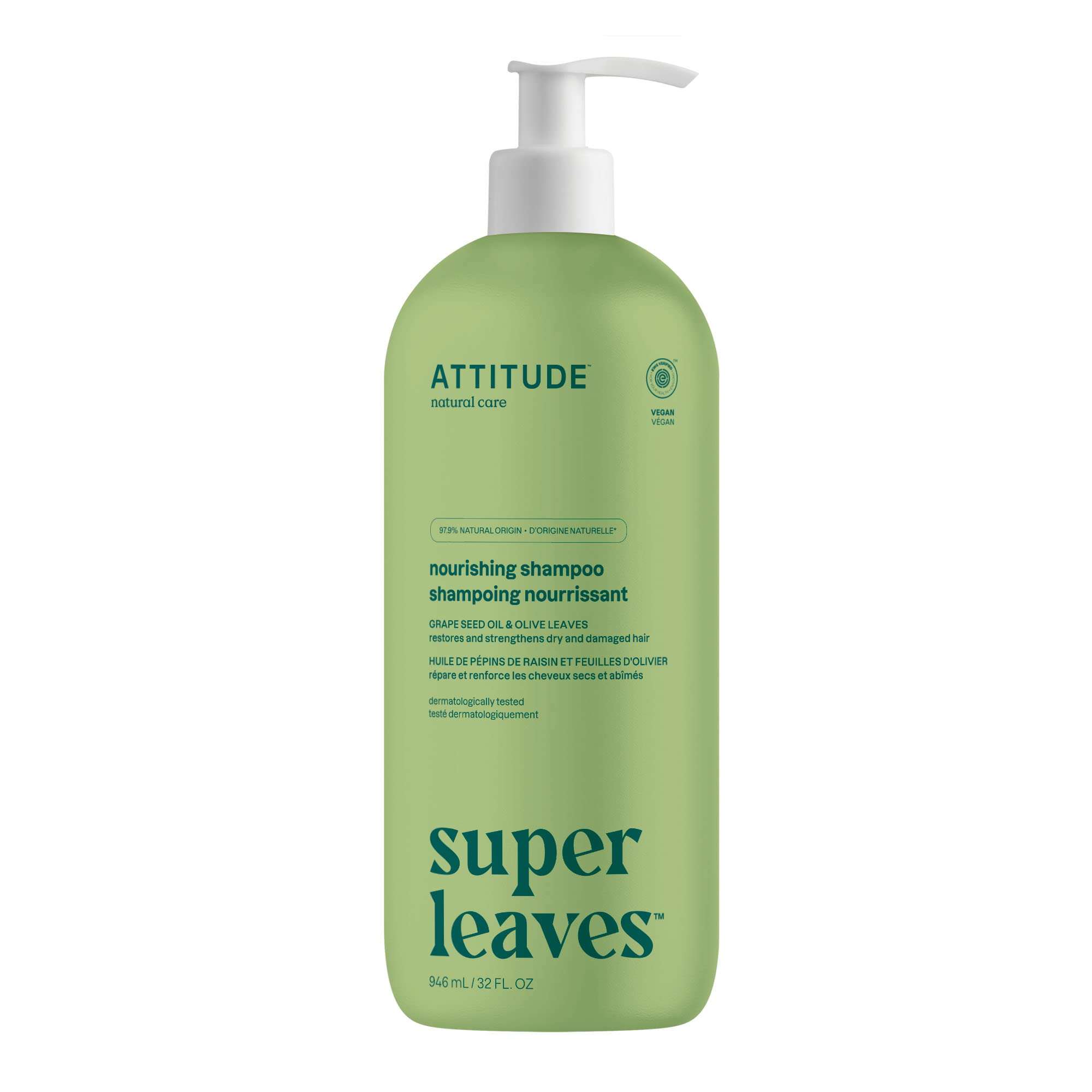 ATTITUDE Nourishing Hair Shampoo, EWG Verified, For Dry and Damaged Hair, Naturally Derived Ingredients, Vegan and Plant Based, Grapeseed Oil and Olive Leaves, 32 Fl Oz - Image 1