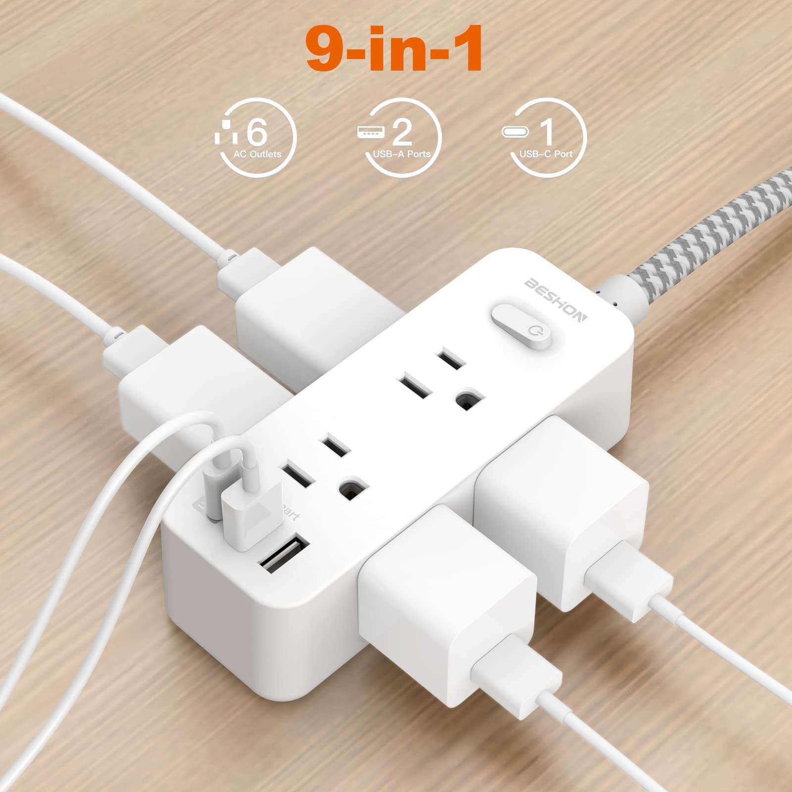 Power Strip Surge Protector, BESHON 5Ft Extension Cord, 6 Outlets with 3 USB Ports(1 USB C Outlet), 3-Side Outlet Extender, Wall Mount, Compact for Travel, Home, School, College Dorm Room and Office - Image 2