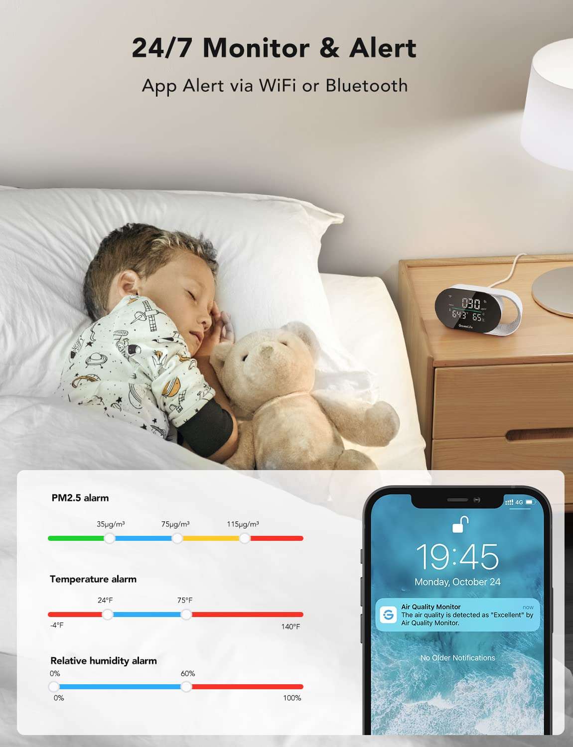 GoveeLife Smart Air Quality Monitor with PM2.5, WiFi, Temperature & Humidity Sensors, LED Display, 2s Refresh, 2-Year Data Storage, for Home & Office Wired - Image 4