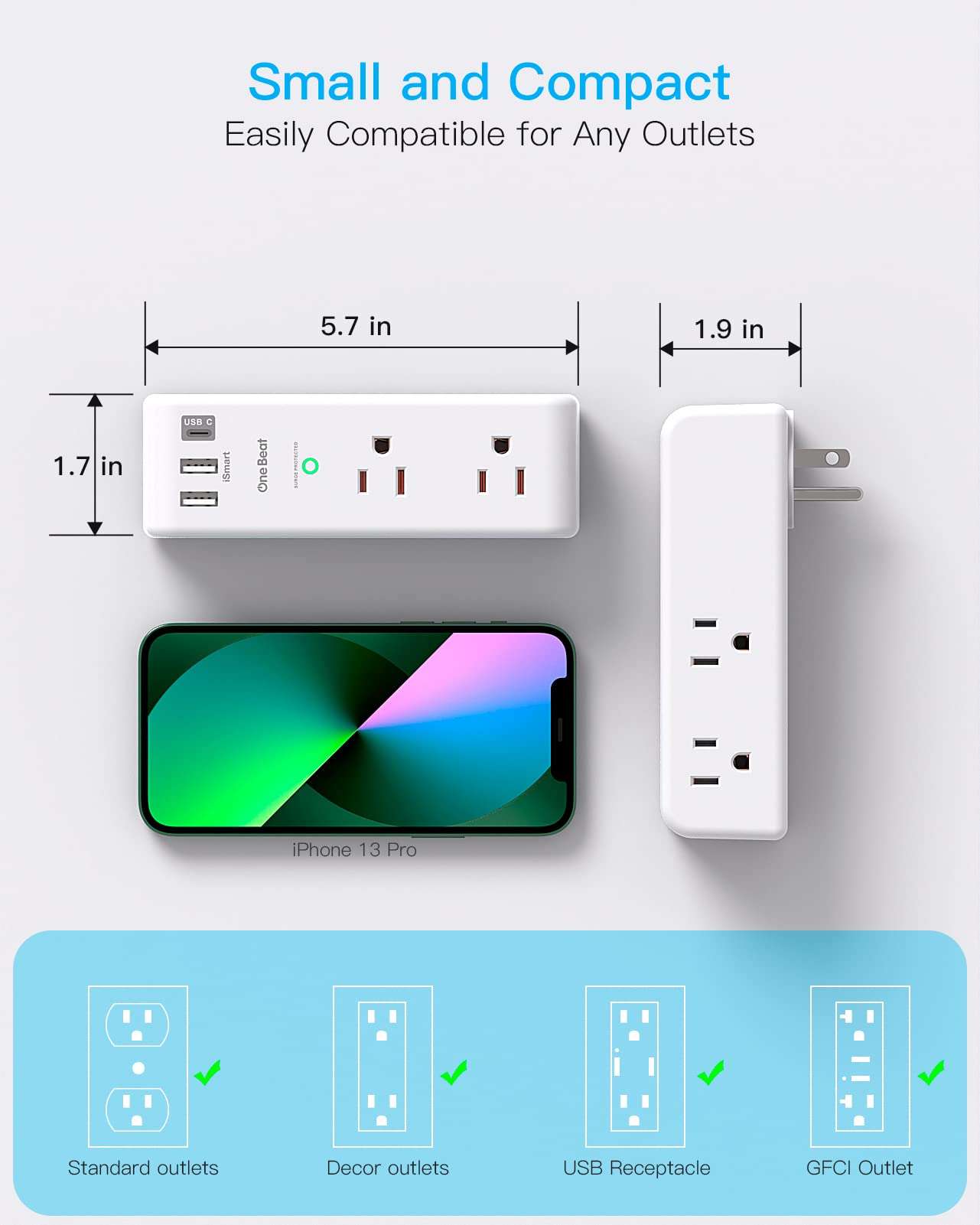 Surge Protector Outlet Extender with Rotating Plug - One Beat 6 AC Multi Plug Outlet with 3 USB Ports (1 USB C), 1800J Wall Charger, 3-Sided Power Strip Spaced Outlet Splitter for Home Office Travel - Image 2