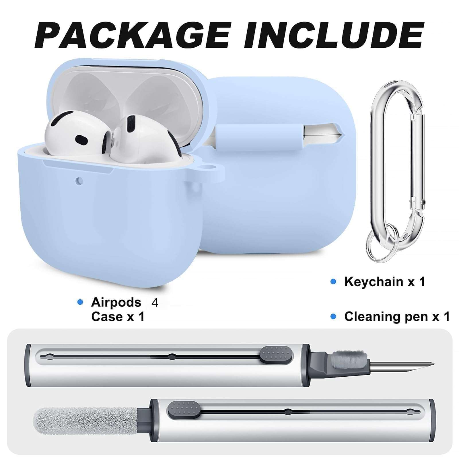 Woyinger for Airpods 4th Case Cover, Come with Cleaner Kit,Soft Skin Silicone Case Cover with Keychain, Full Protective Case for Men and Women, Compatible with AirPods 4th Generation Case,Sky Blue - Image 2