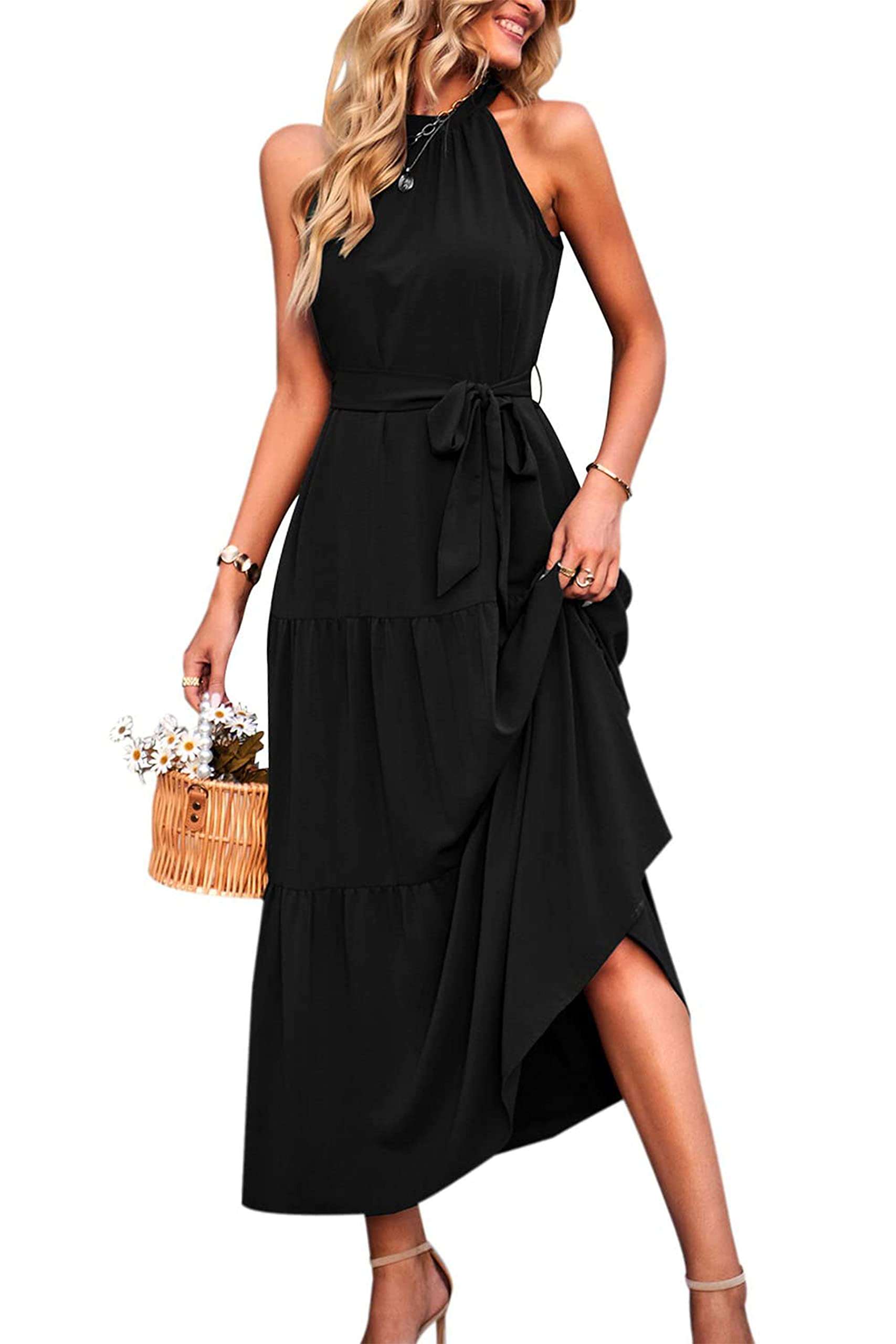PRETTYGARDEN Women's Summer Floral Maxi Sun Dress Sleeveless Halter Neck Flowy Ruffle Hem Long Boho Dresses with Belt - Image 1