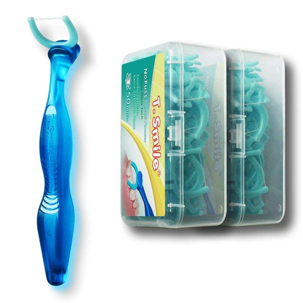 T.Smile NoFuss Dental Flosser Kit, 5-inch Long Handle & Refill Heads, Extra-Strength Floss for Comfortable Clean, Fluoride Free, (1 Blue Handle + 100 Extra-Strength Floss Refills) - Image 1