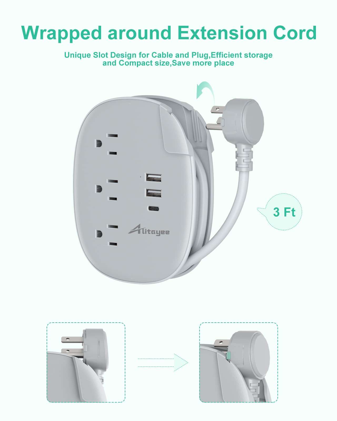 Alitayee USB C Portable Travel Power Strip with 3 Outlets 3 USB Ports Fast Charge, USB Extendable Outlet Extender with Flat Plug and 3ft Wrapped Around Extension Cord for Cruise Travel Home Office - Image 4