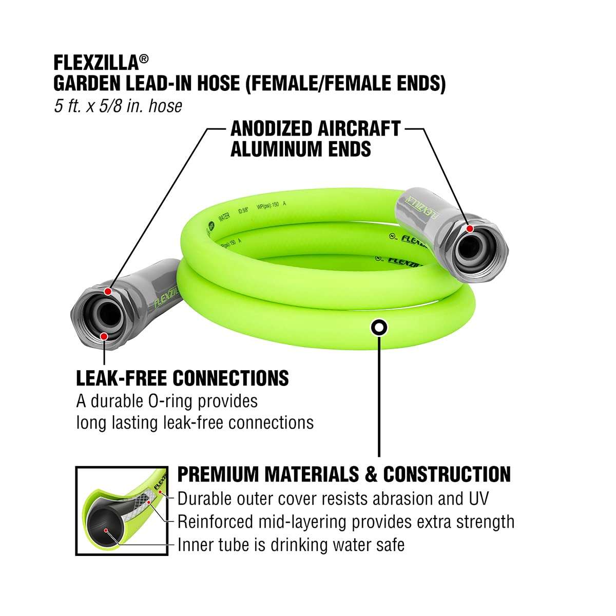Flexzilla Garden Lead-in Hose, 5/8" x 5', Female/Female 3/4" - 11 1/2 GHT Fittings - Image 3