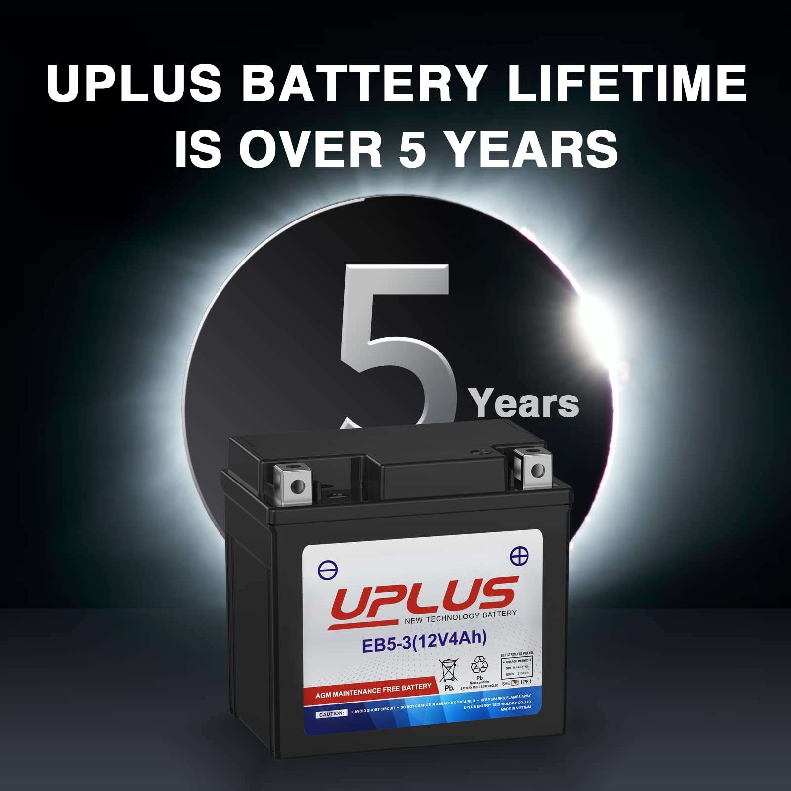 UPLUS YTX5L-BS ATV Motorcycle Battery, EB5-3 Maintenance Free 12V 4Ah SLA Batteries Scooter AGM Battery, Replacement for GTX5L-BS, ETX5L-BS, CTX5L-BS, BTX5L-BS, PTX5L-BS, AGM12-5, YTZ5S-BS - Image 2