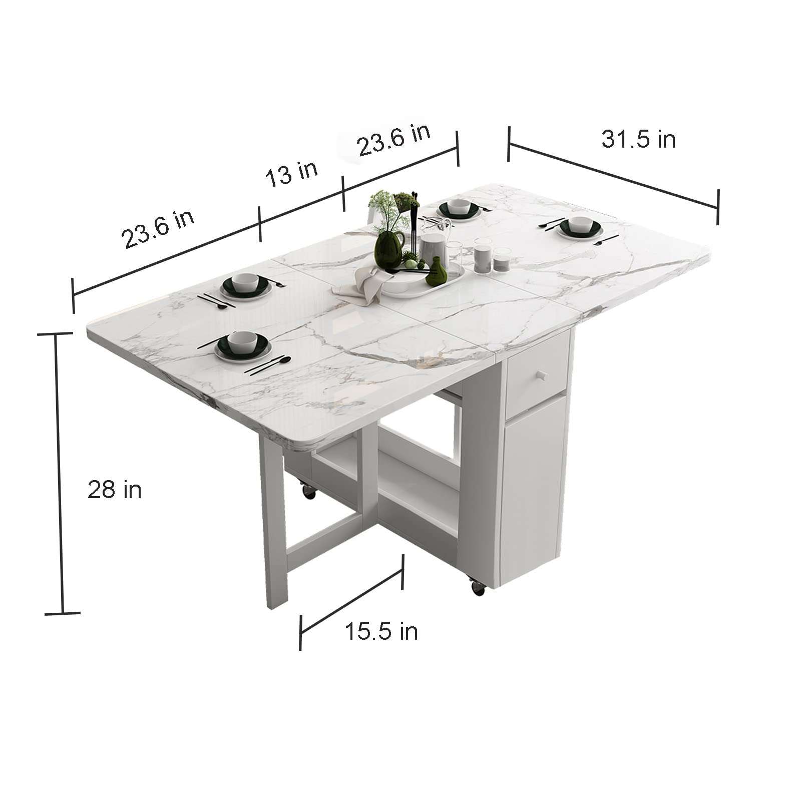 FUNROLUX Folding Dining Table with Rack and 2 Storage Drawers, Movable Extendable Space Saving Kitchen Table in 3 Forms (White) - Image 3