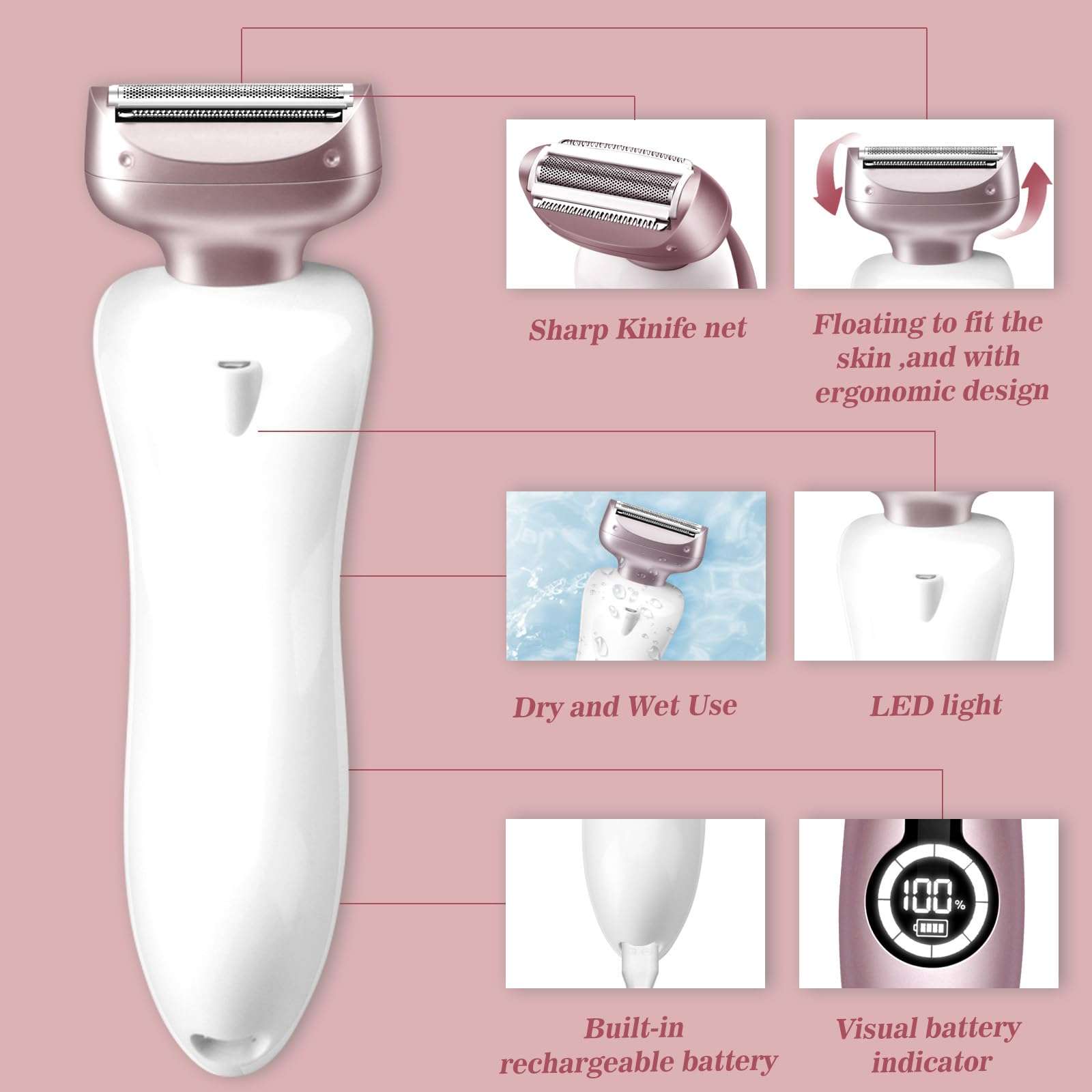 Electric Shaver for Women for Legs Bikini Trimmer Electric Razors for Women Underarm Public Hairs Rechargeable Womens Shaver Wet Dry Use Painless Cordless with Detachable Head (Pink) - Image 7