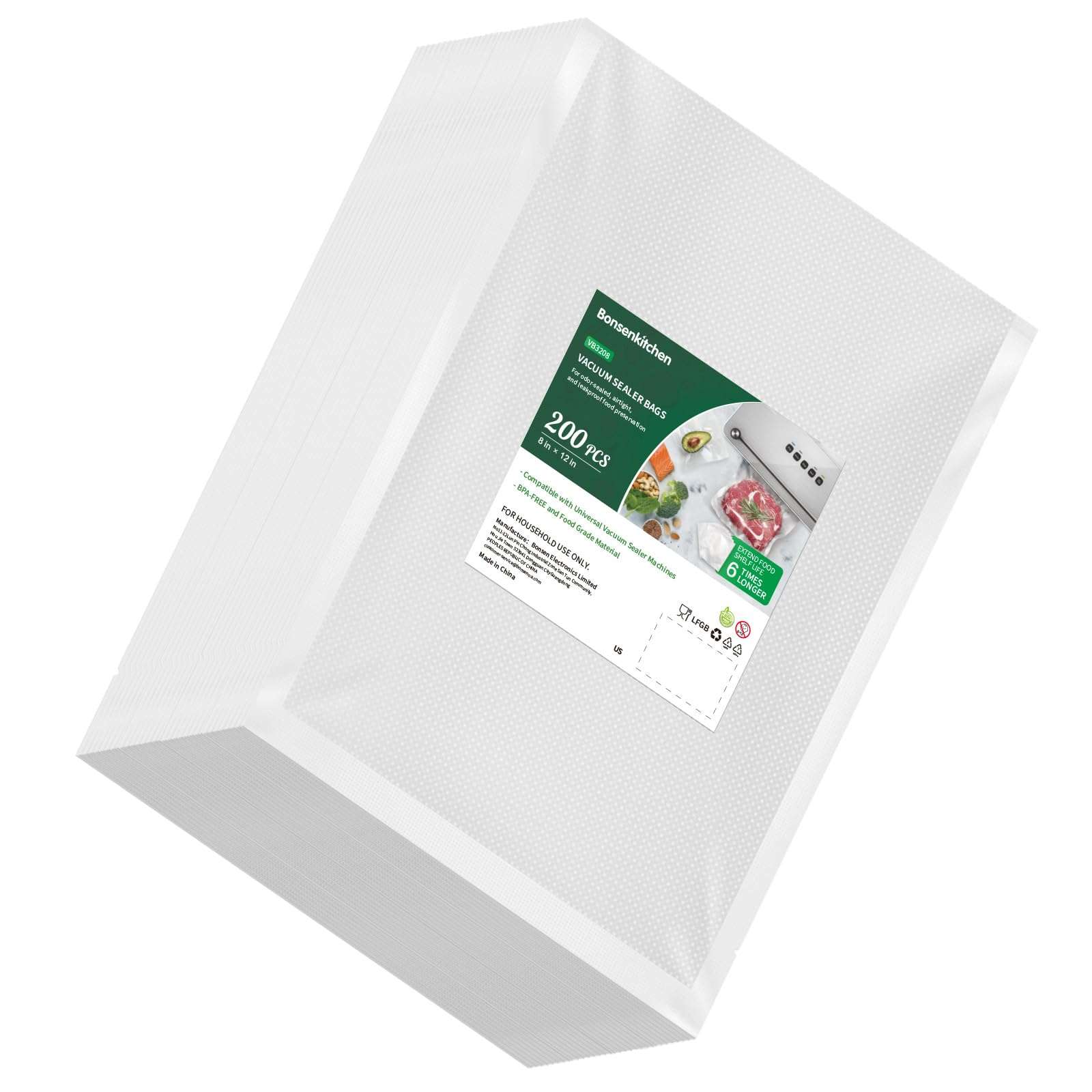 Bonsenkitchen Precut Vacuum Sealer Bags 200 Quart 8" x 12", BPA Free, Commercial Grade Textured Food Vacuum Sealer Bag, Thick Embossed Bags for Storage and Sous Vide Cooking VB3208 - Image 1