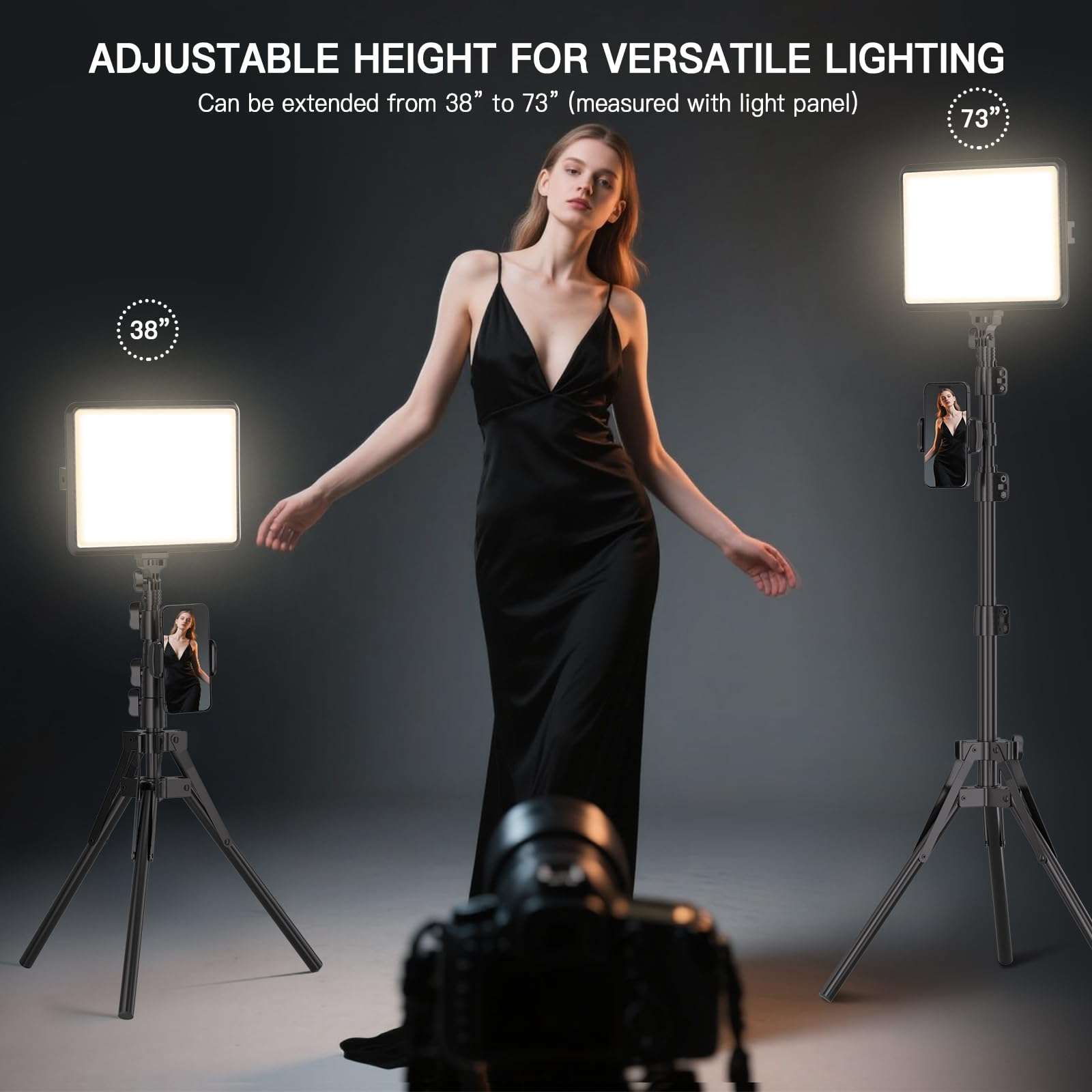 2-Pack LED Video Light Kit, NiceVeedi Studio Light, 2800-6500K Dimmable Photography Lighting Kit with Tripod Stand&Phone Holder, 73" Stream Light for Video Recording, Game Streaming, YouTube - Image 7