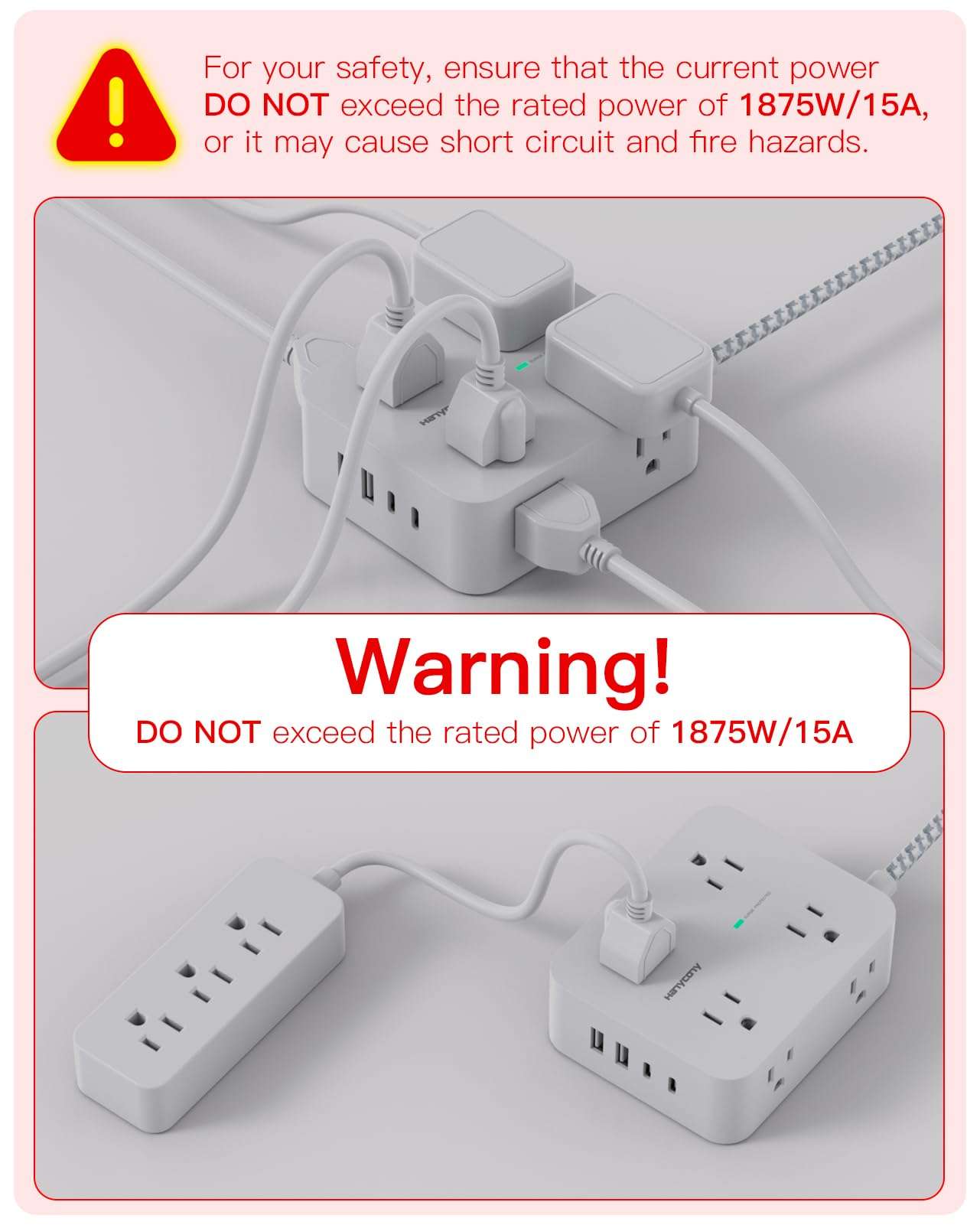 Surge Protector Power Strip - HANYCONY 8 Outlets 4 USB (2 USB C) Charging Ports, Multi Plug Outlet Extender, 5Ft Braided Extension Cord, Flat Plug Wall Mount Desk Charging Station for Home Office ETL - Image 8