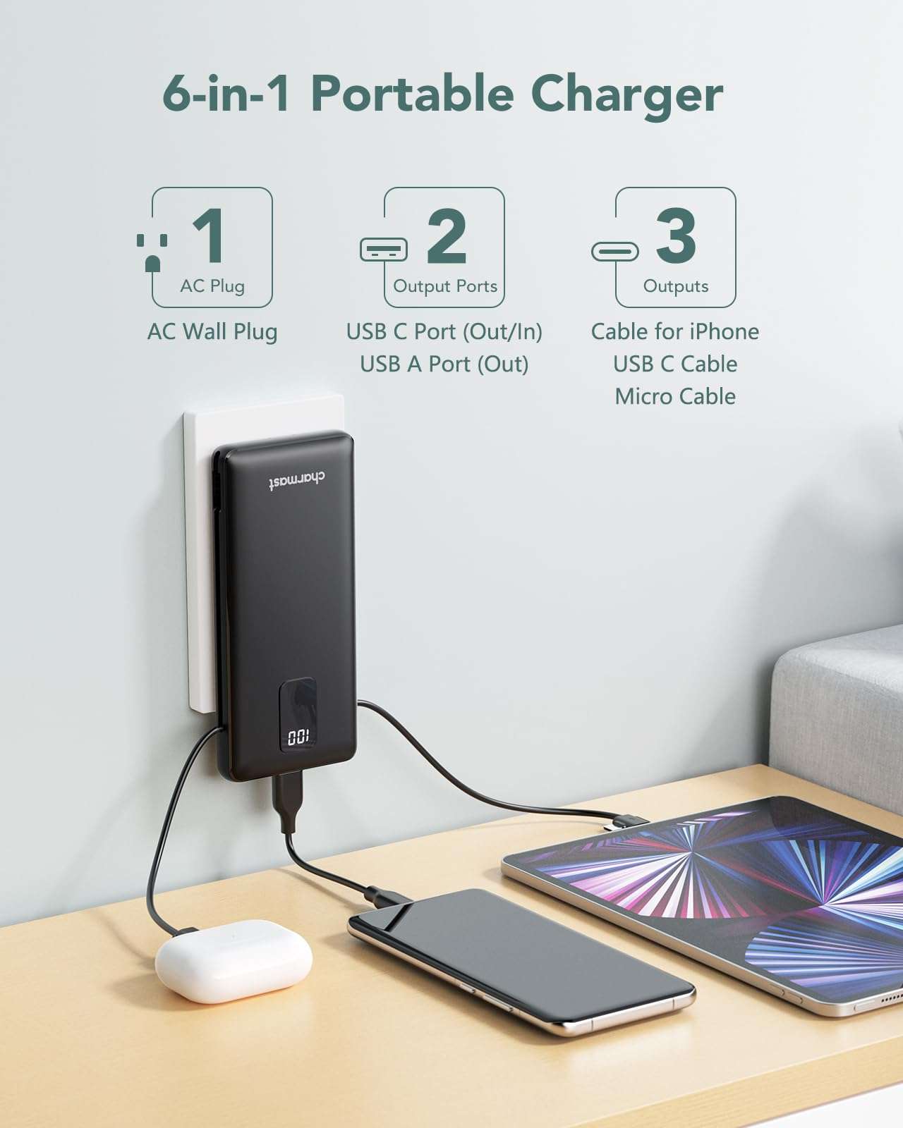 charmast Portable Charger with Built-in Cables & Wall Plug, 10000mAh Portable Power Bank, External Battery Pack Travel Essentials Compatible with iPhone 16/15/14/13, Samsung, iPad etc - Image 2