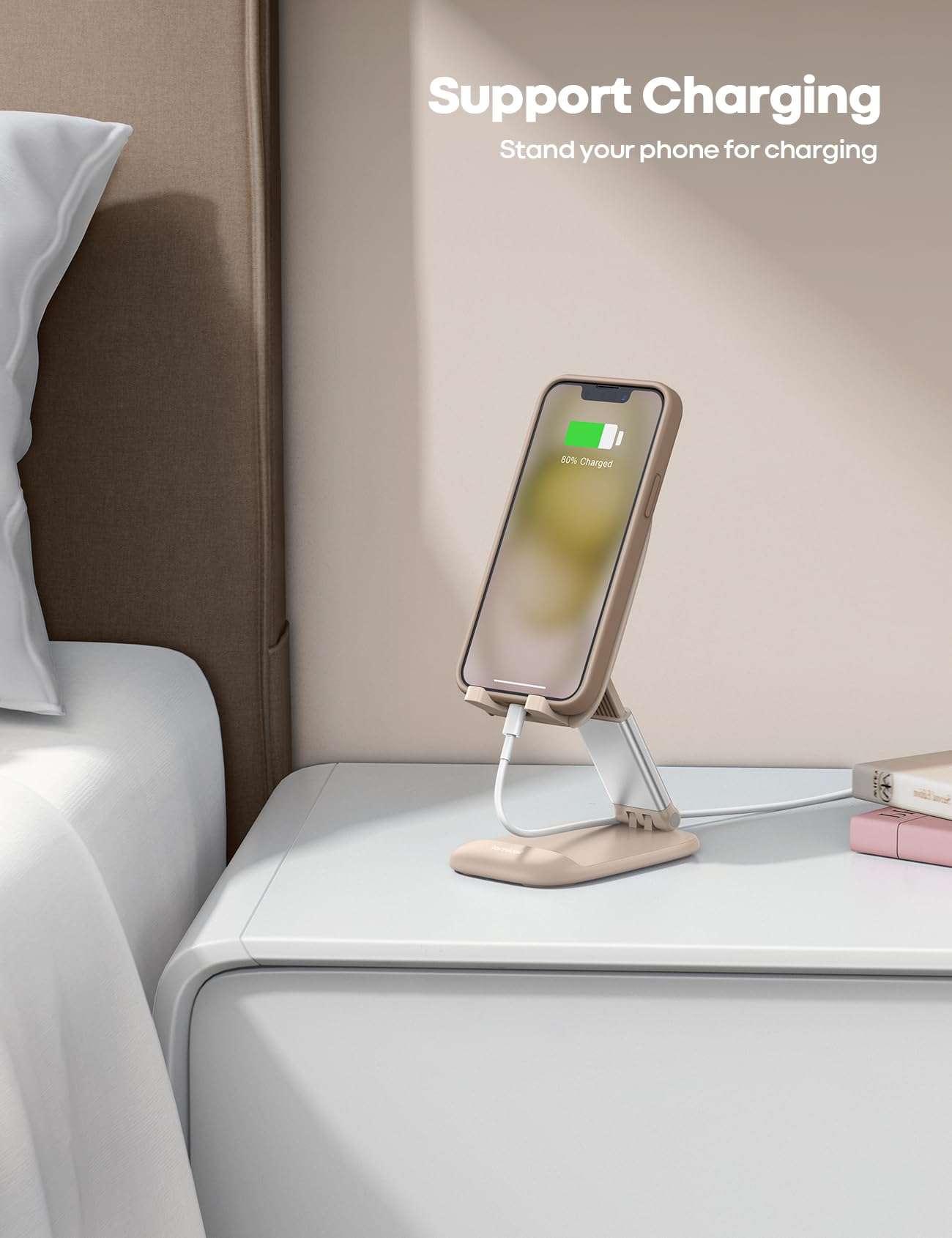Lamicall Khaki Phone Stand for Desk - Cell Phone Holder Khaki Desk Accessories Desktop Office Must Have Compatible with iPhone, 4-8'' Smartphone - Image 3