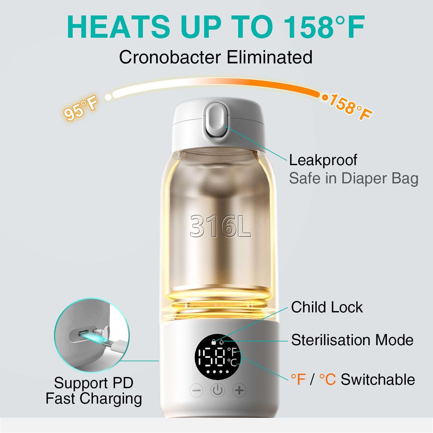 Koalababy Portable Bottle Warmer – Fast Heating Milk Warmer for Travel, Breast Milk & Formula, 17oz Leak-Proof Stainless Steel, IPX6 Waterproof, Rechargeable with Long Battery Life - Image 7