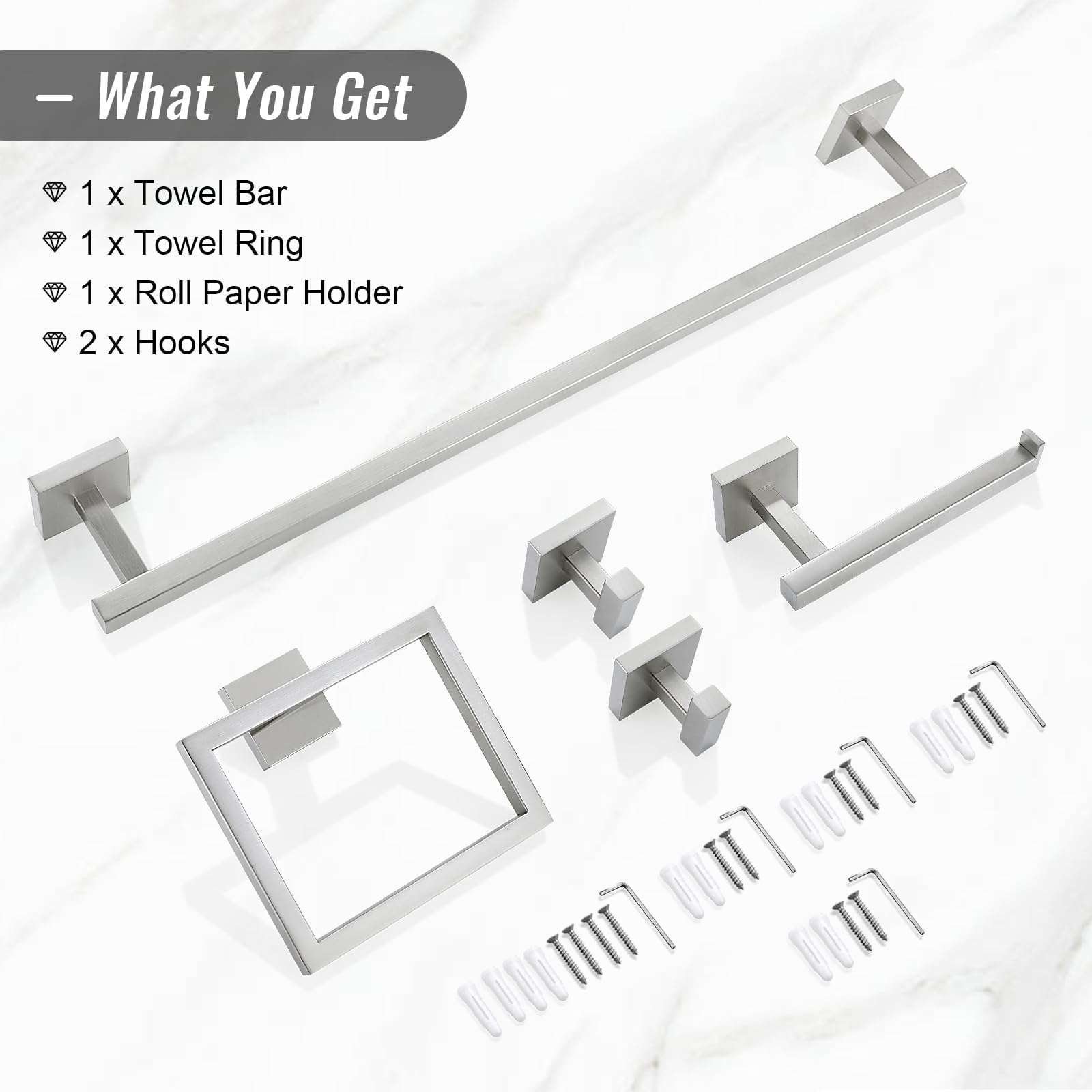 YACVCL Towel Bar Set, 5 Pieces Bathroom Hardware Set Brushed Nickel Bathroom Accessories, SUS304 Stainless Steel Towel Racks Holder Set Wall Mounted 23.6 Inch - Image 8