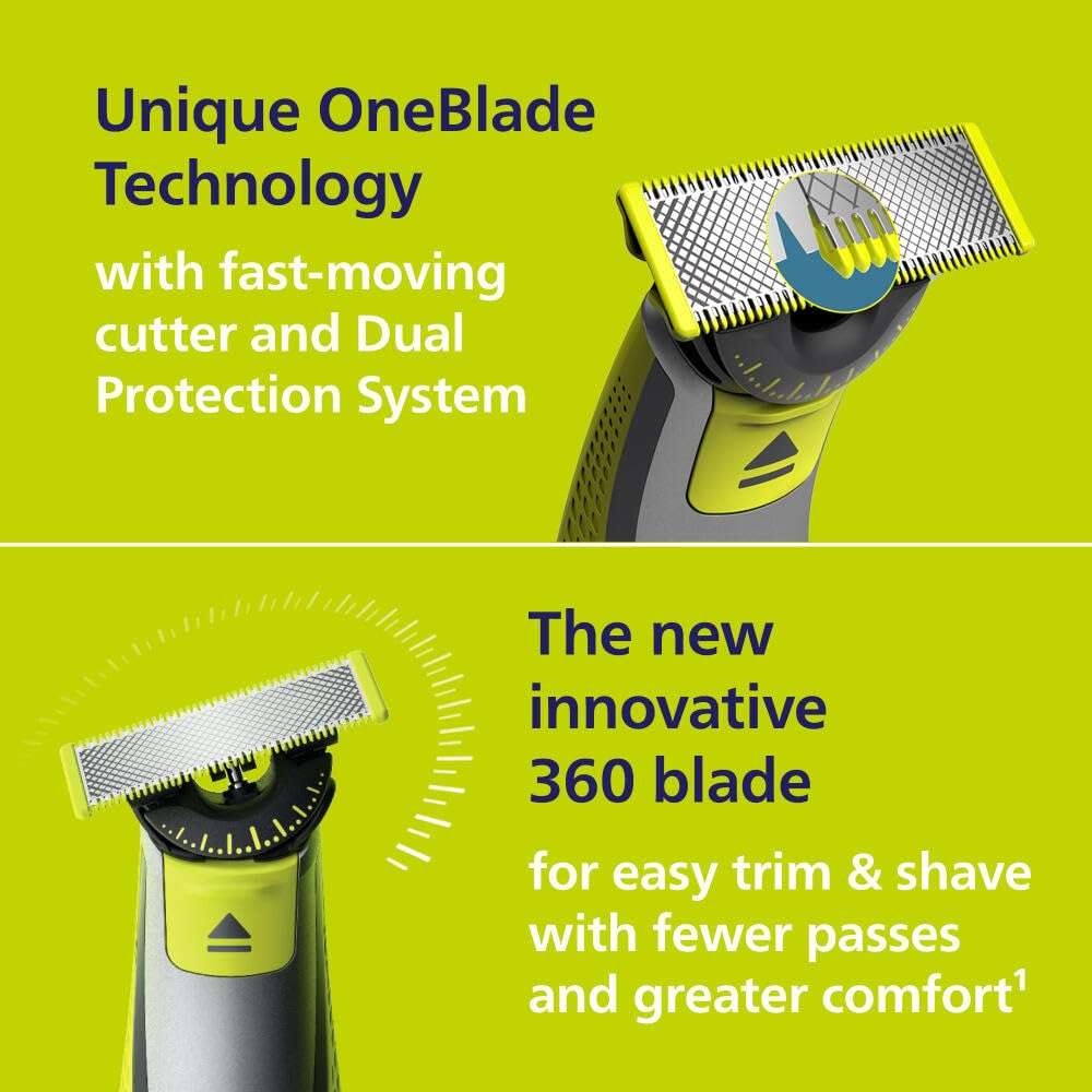 Philips Norelco OneBlade 360 Hybrid Blade for Face + Body, Electric Beard Trimmer, Shaver and Groomer, with 360 Blade Technology, 5in1 Adjustable Comb, 1x Body Kit, Model QP2834/70, Black/Lime Green - Image 4