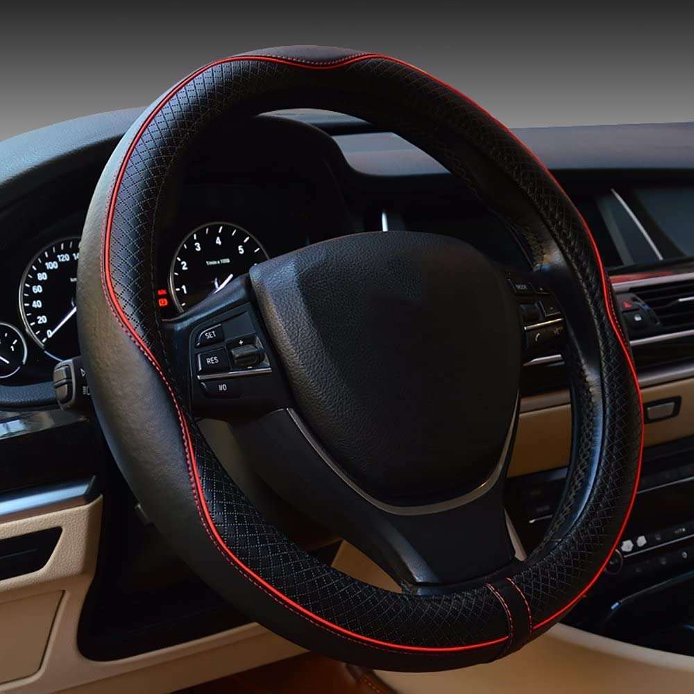 Car Steering Wheel Cover, Anti-Slip, Safety, Soft, Breathable, Heavy Duty, Thick, Full Surround, Sports Style (Black with Red line) - Image 1