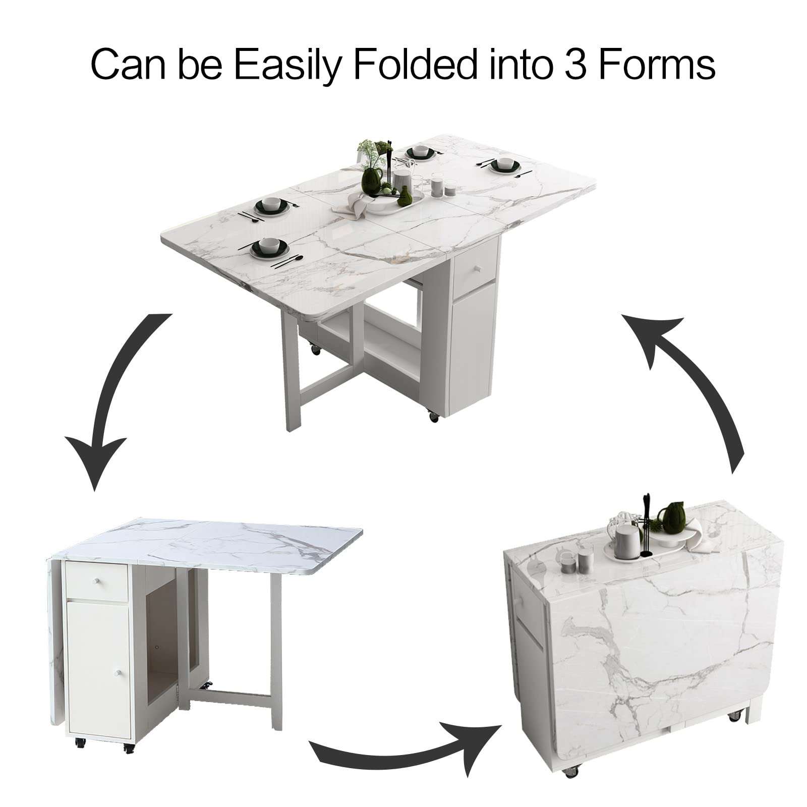 FUNROLUX Folding Dining Table with Rack and 2 Storage Drawers, Movable Extendable Space Saving Kitchen Table in 3 Forms (White) - Image 8