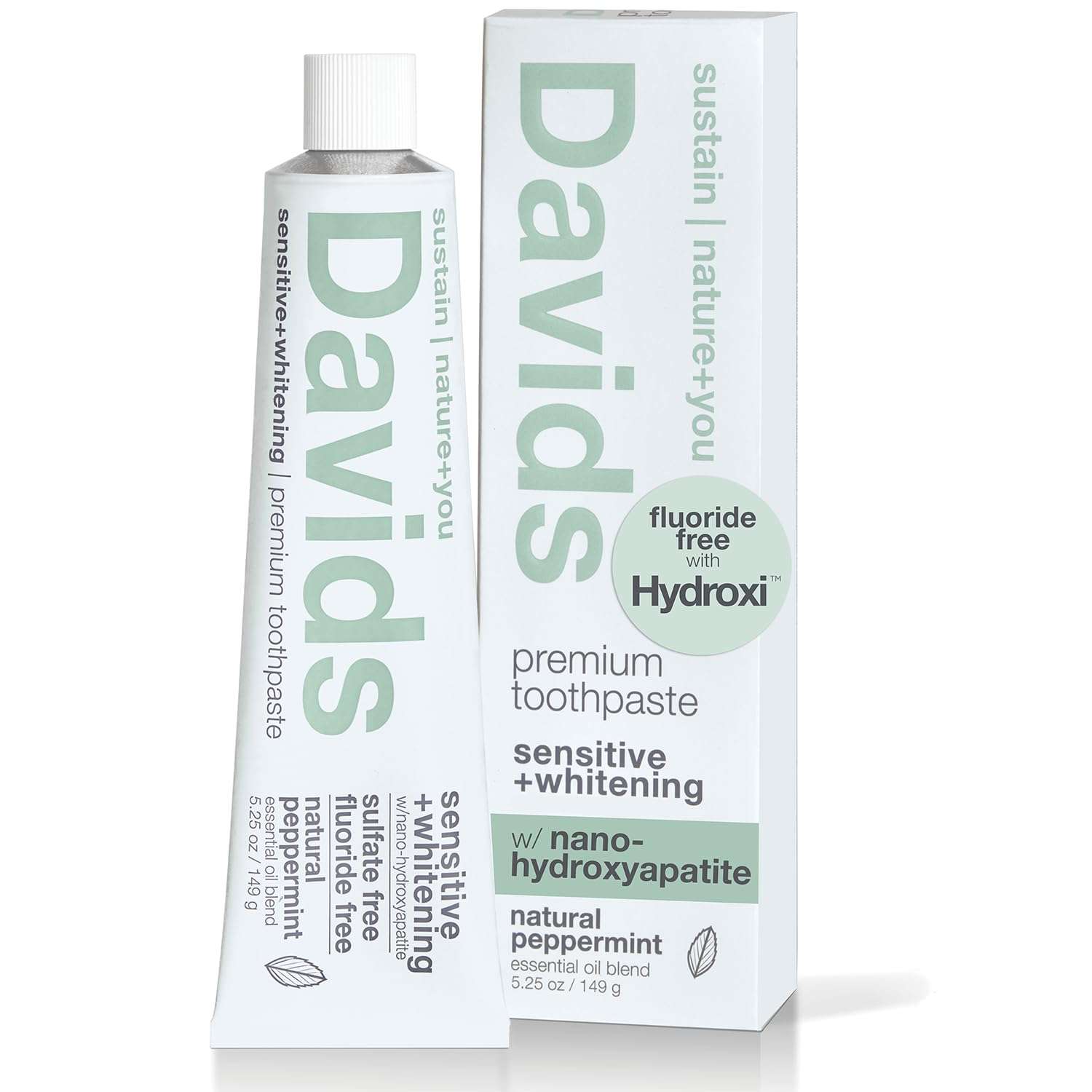 Davids Hydroxi Fluoride Free Nano Hydroxyapatite Toothpaste for Remineralizing Enamel & Sensitive Relief, Whitening, Antiplaque, SLS Free, Natural Peppermint, 5.25oz, Made in USA - Image 1