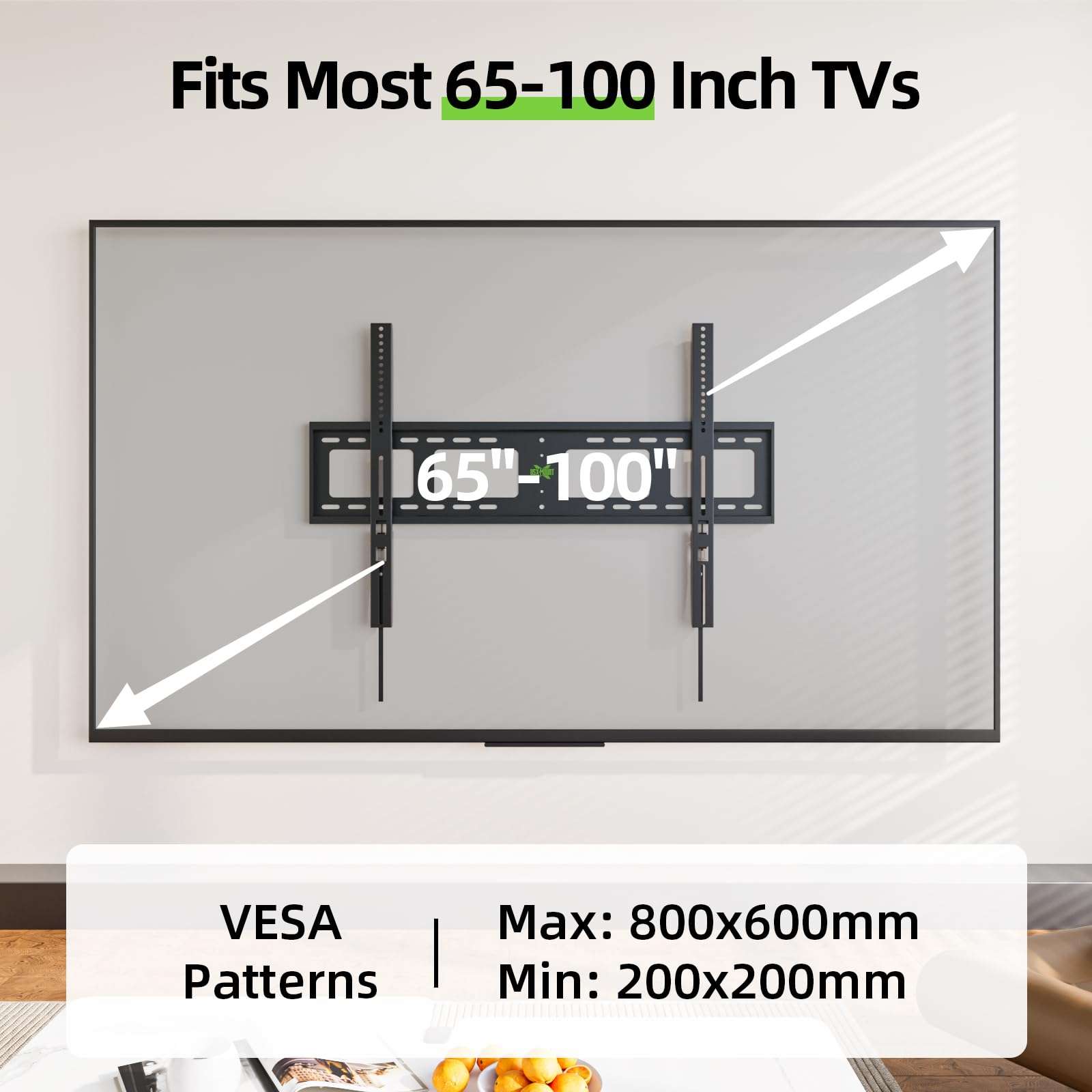 USX MOUNT Heavy Duty Fixed TV Wall Mount for 65-100 inch Flat TVs, Max Load 200 Lbs, Low Profile Bracket Fits 16" 18" 24" 32 inch Stud Spacing, Max VESA 800x600mm for Most 65 75 85 86 90 98 100 TVs - Image 4