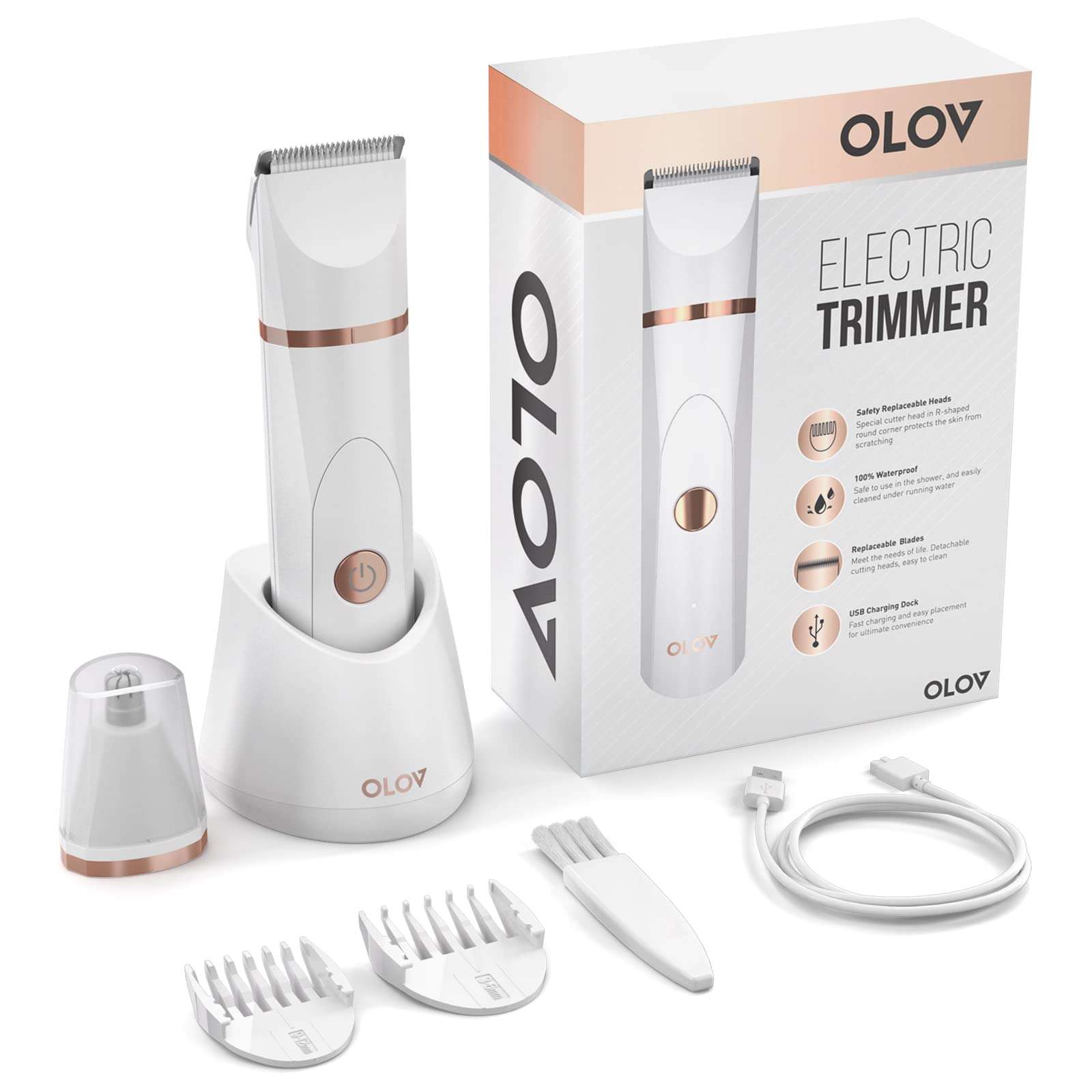 OLOV Electric Body Hair Trimmer - Groin Trimmer for Men - Bikini Trimmer Women - Wet/Dry Shaver Groomer, Replaceable Ceramic Blade Heads, USB Recharge Dock, Waterproof Hygiene Razor, White - Image 2