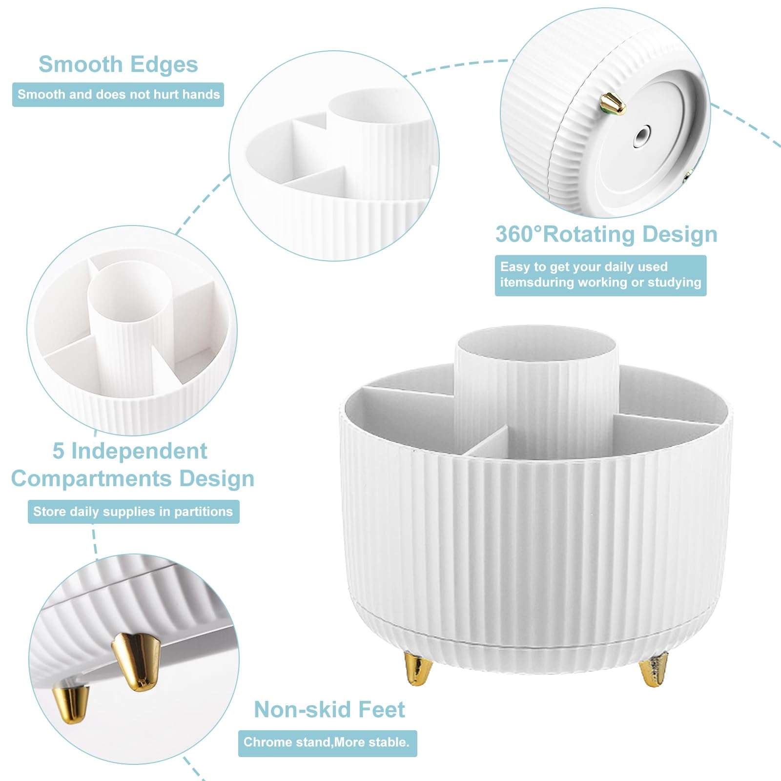 Cayxenful Pencil Holder For Desk,5 Slots 360°Degree Rotating Desk Organizers And Accessories,Desktop Storage Stationery Supplies Organizer, Cute Pencil Cup Pot For Office, School, Home (B-White) - Image 4