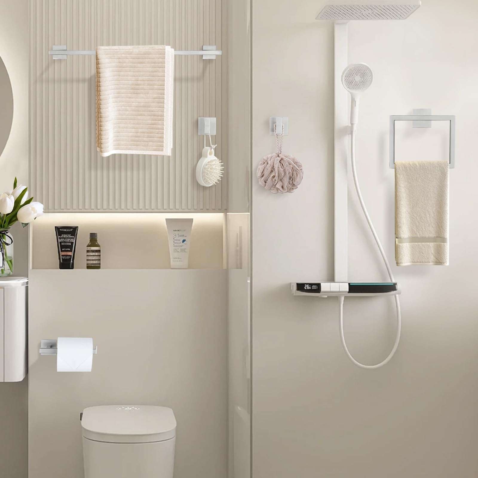 YACVCL Towel Bar Set, 5 Pieces Bathroom Hardware Set Brushed Nickel Bathroom Accessories, SUS304 Stainless Steel Towel Racks Holder Set Wall Mounted 23.6 Inch - Image 7