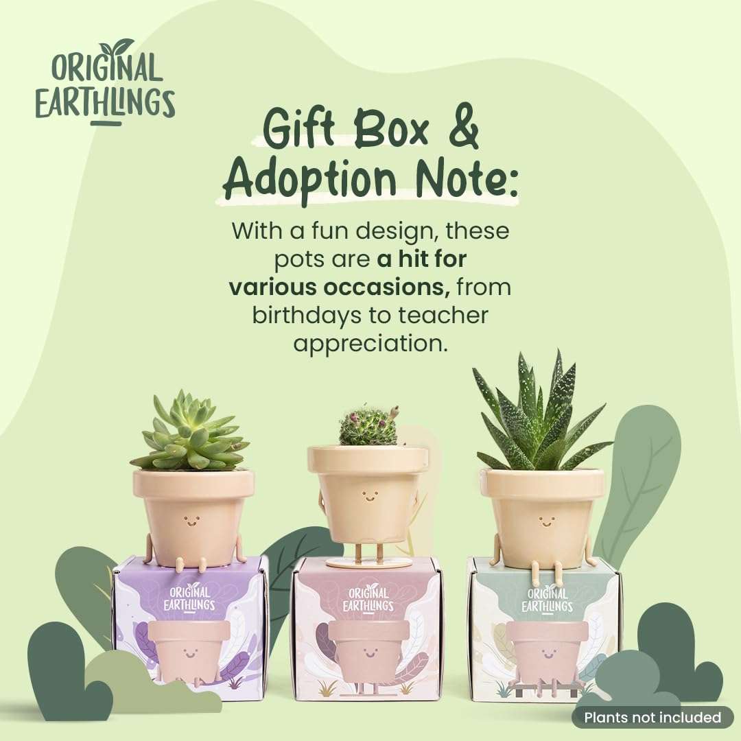 Original Earthlings Sitting Pot - 3.5 Inch Cute Plant Pot - Plastic Funny Planter with Drainage - Unique Cactus Lover Gift - Small Succulent Face Flower Pot - Cute Plant Gifts for Plant Lovers - Image 4