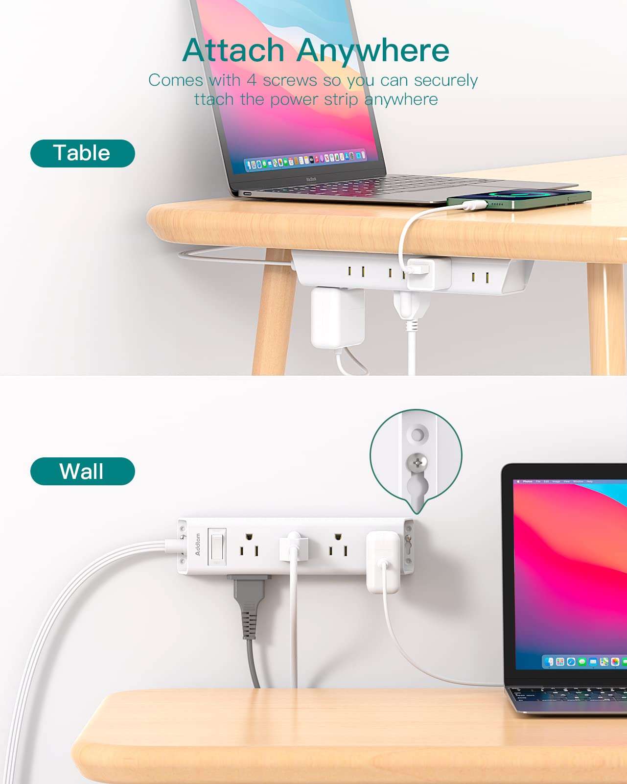 Flat Plug Power Strip, Ultra Thin Flat Extension Cord - Addtam 12 Widely AC 3 Sides Multiple Outlets, 5Ft, 1050J Surge Protector, Wall Mount, Desk Charging Station for Home Office Dorm Room Essentials - Image 4