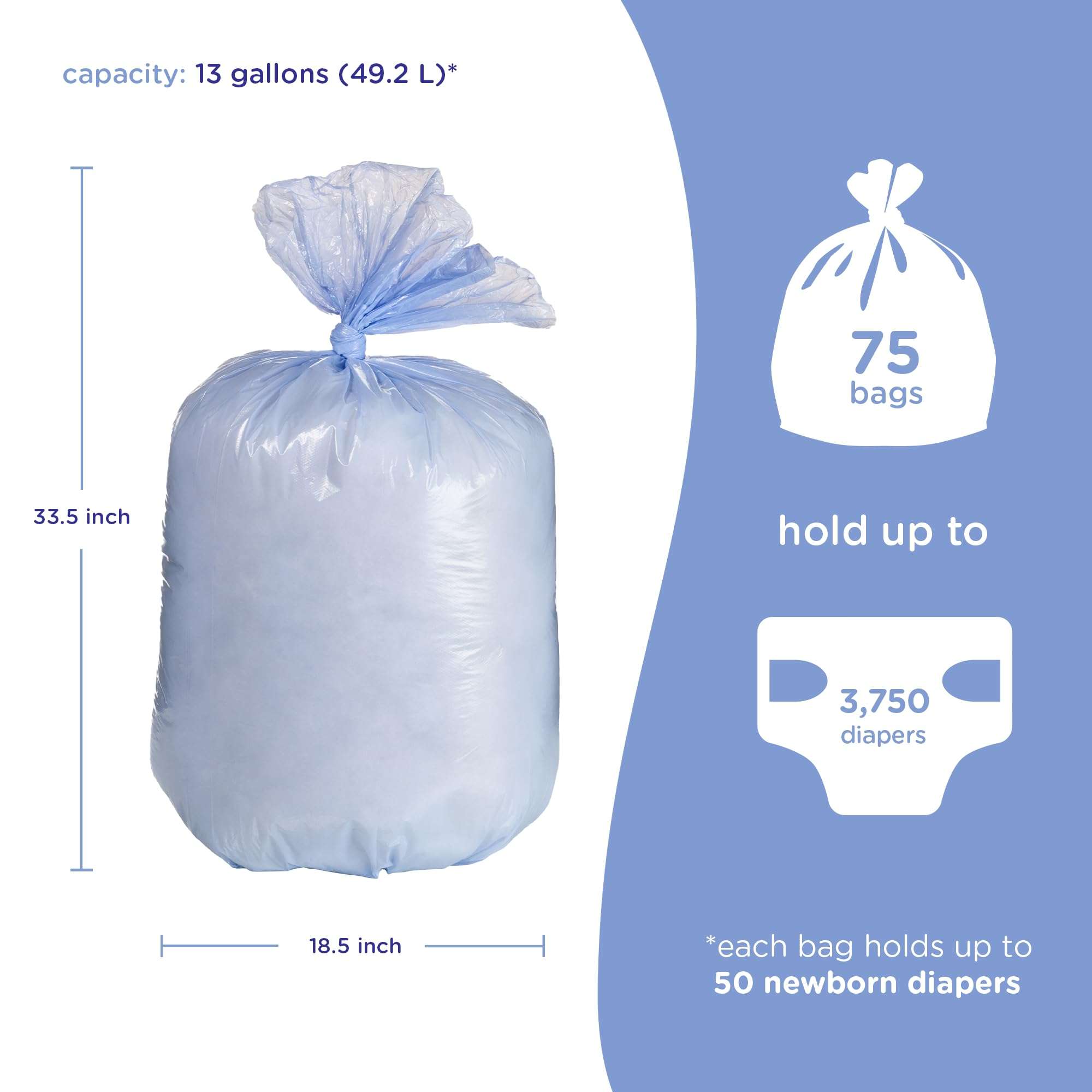 Ubbi Diaper Pail Plastic Bags, Disposable Baby Waste Bags, 3 Pack, 75 Count, 13-Gallon Bags - Image 2
