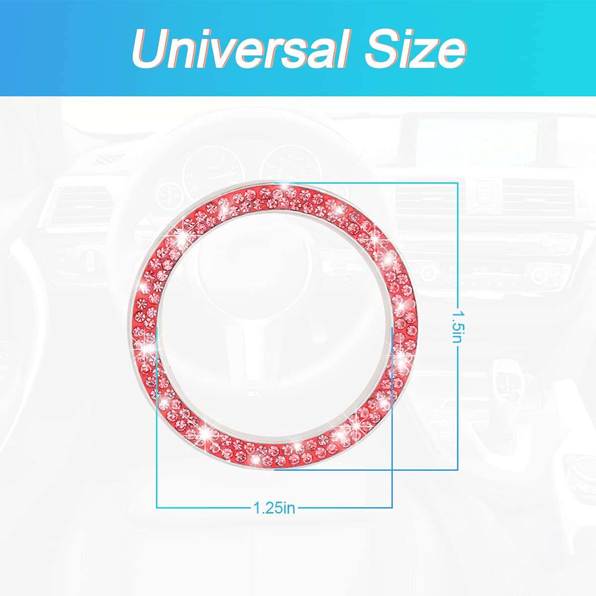 Car Bling Crystal Rhinestone Engine Start Ring Decals, 2 Pack Car Push Start Button Cover/Sticker, Key Ignition Knob Bling Ring, Sparkling Car Interior Accessories for Women (Double Red) - Image 2