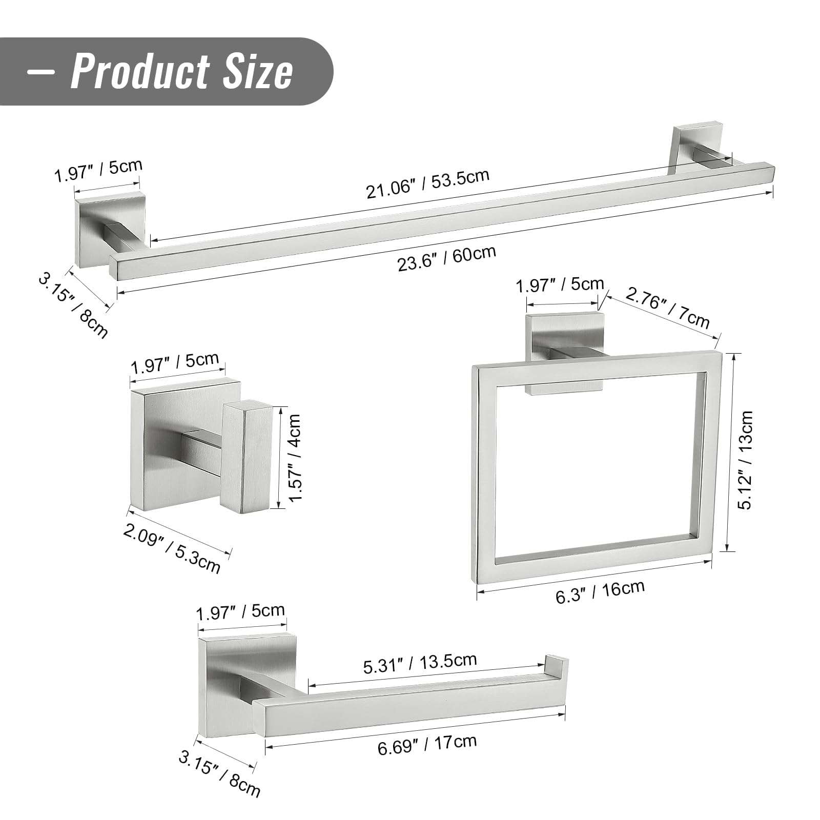 YACVCL Towel Bar Set, 5 Pieces Bathroom Hardware Set Brushed Nickel Bathroom Accessories, SUS304 Stainless Steel Towel Racks Holder Set Wall Mounted 23.6 Inch - Image 6