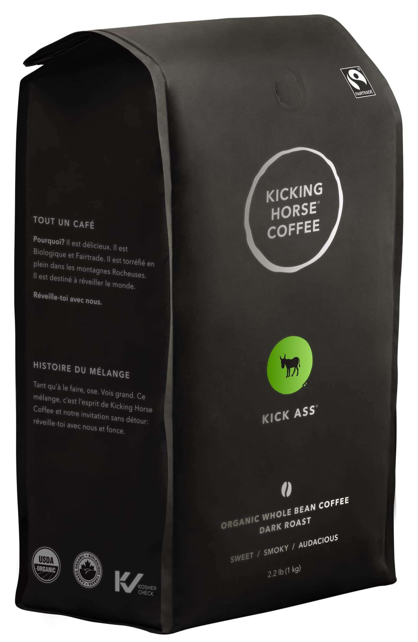 Kicking Horse Coffee Kick Ass, Dark Roast, Whole Bean, Certified Organic, Fairtrade, Kosher, Black, 1 Kg, Pack of 6 - Image 1