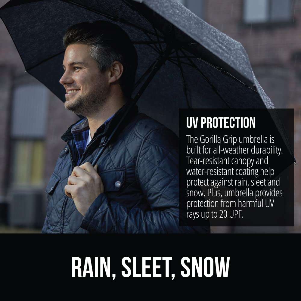 GORILLA GRIP Strong Stick Umbrella for Rain, Compact Travel One-Click Automatic Open Close, Lightweight, Portable, US Designed Reinforced Fiberglass Ribs, Wind Resistant, Easy Collapse, Black - Image 4