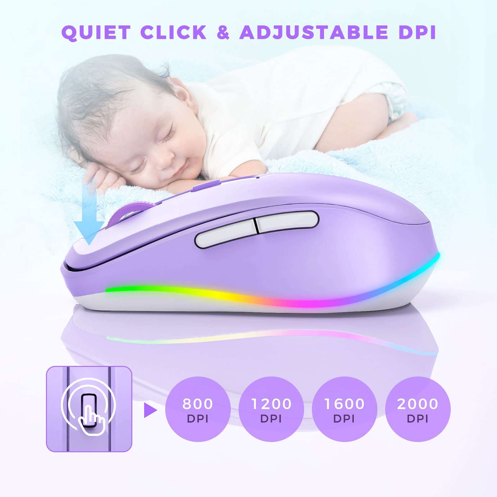 Wireless Mouse Jiggler - LED Wireless Mice with Build-in Mouse Mover, Rechargeable Moving Mouse for Laptop with Undetectable Random Movement Keeps Computers Awake - Purple - Image 5