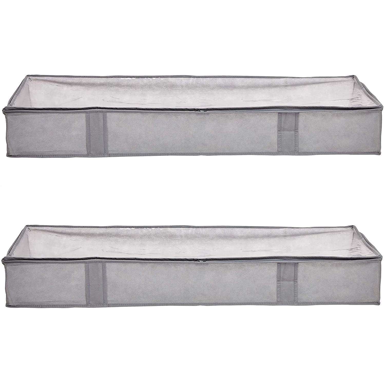 Amazon Basics Under Bed Fabric Zipper Blanket Storage Container Bags with Window and Handles, 2-Pack, 18 x 42 x 6 inches, Gray - Image 1