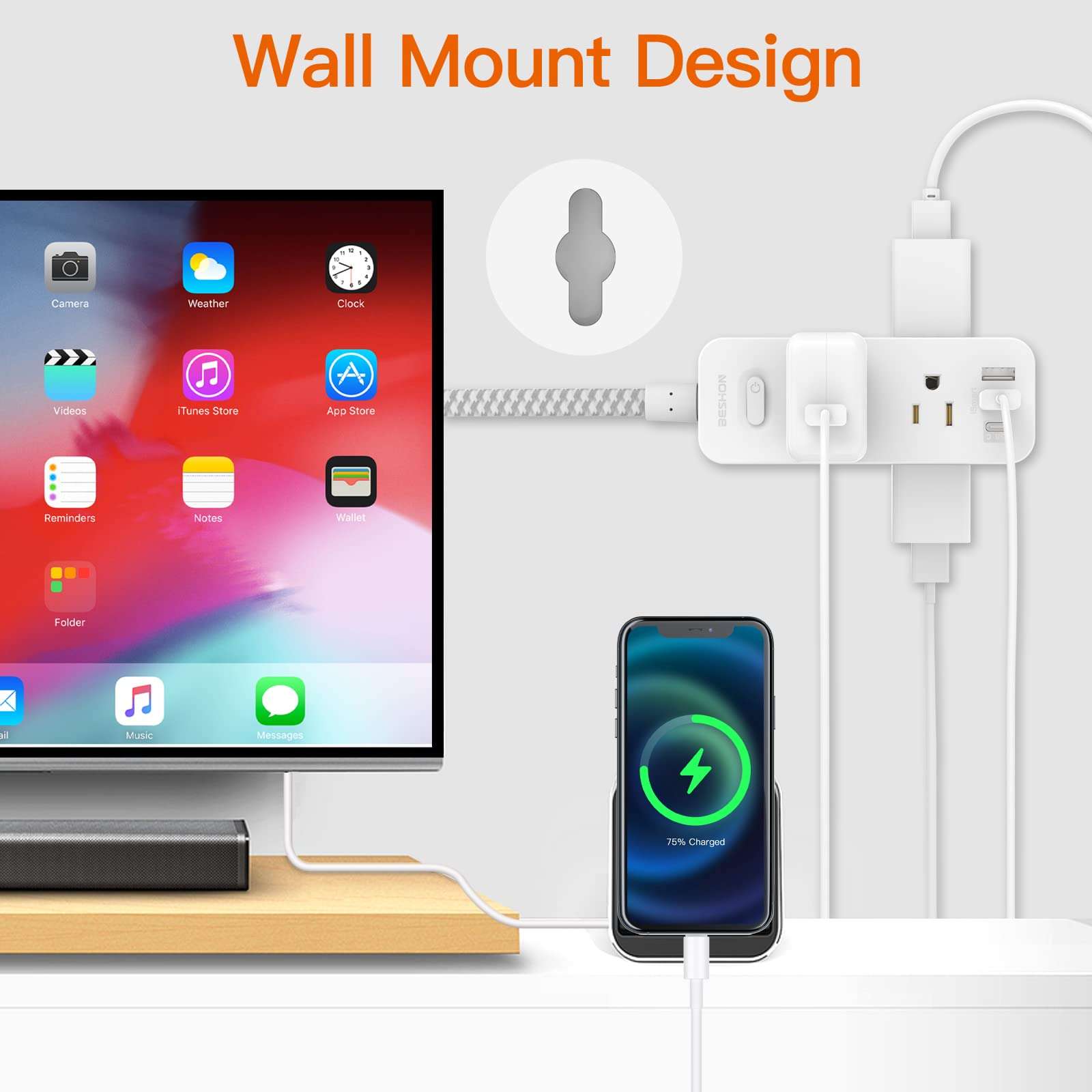 Power Strip Surge Protector, BESHON 5Ft Extension Cord, 6 Outlets with 3 USB Ports(1 USB C Outlet), 3-Side Outlet Extender, Wall Mount, Compact for Travel, Home, School, College Dorm Room and Office - Image 5