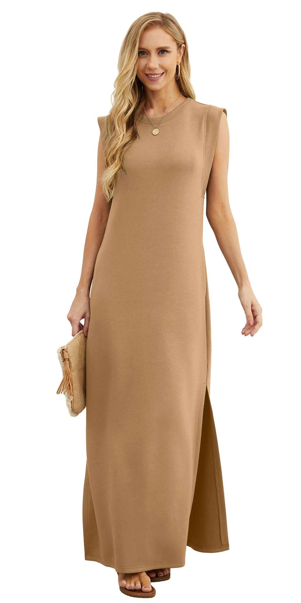 GRECERELLE 2025 Women Year-Round Casual Round Neck Loose Split Wrinkle-Free Long Maxi Vacation Dress with Pockets (XS-3XL) - Image 6