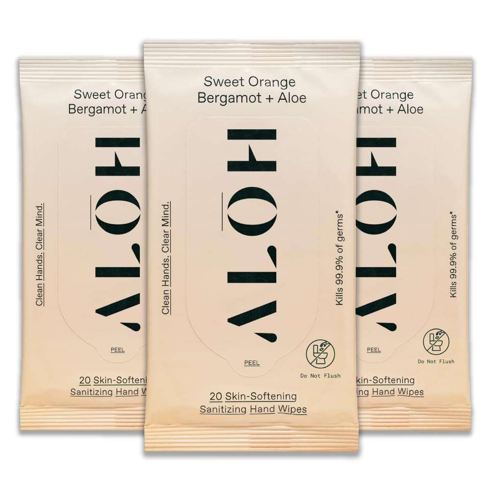 ALŌH Sweet Orange Bergamot + Aloe Sanitizing Hand Wipes - Clean Hands, Clear Mind - On The Go Hand Sanitizing Wipes for Kids and Adults - Travel Size 3 Pack 20ct Wipes (60 wipes) - Image 1