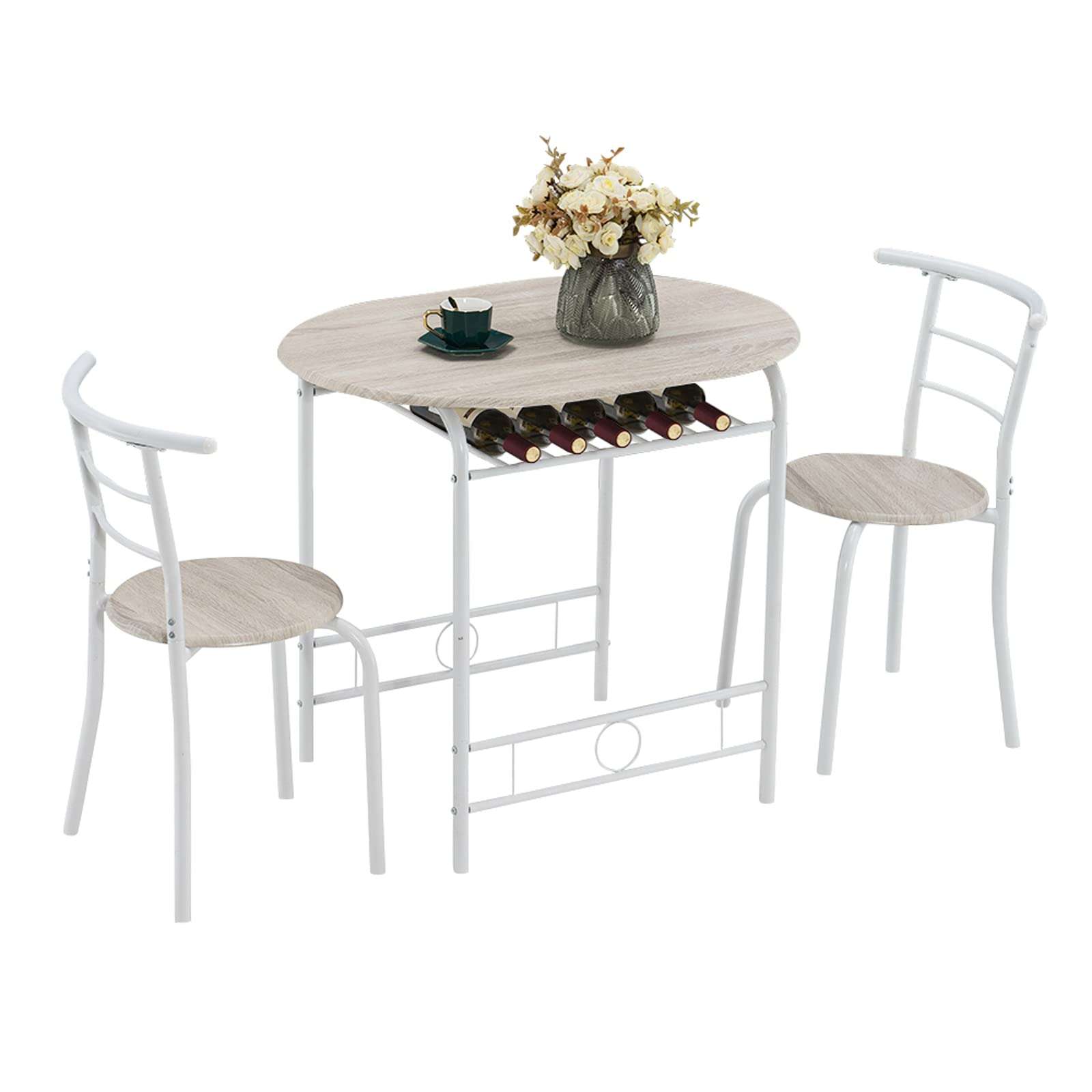 VINGLI 3 Piece Dining Set,Small Kitchen Table Set for 2,Breakfast Table Set,Kitchen Wooden Table and 2 Chairs for Small Space/Dining Room/Apartment,Metal Frame,Wine Rack,White&Light Oak - Image 1