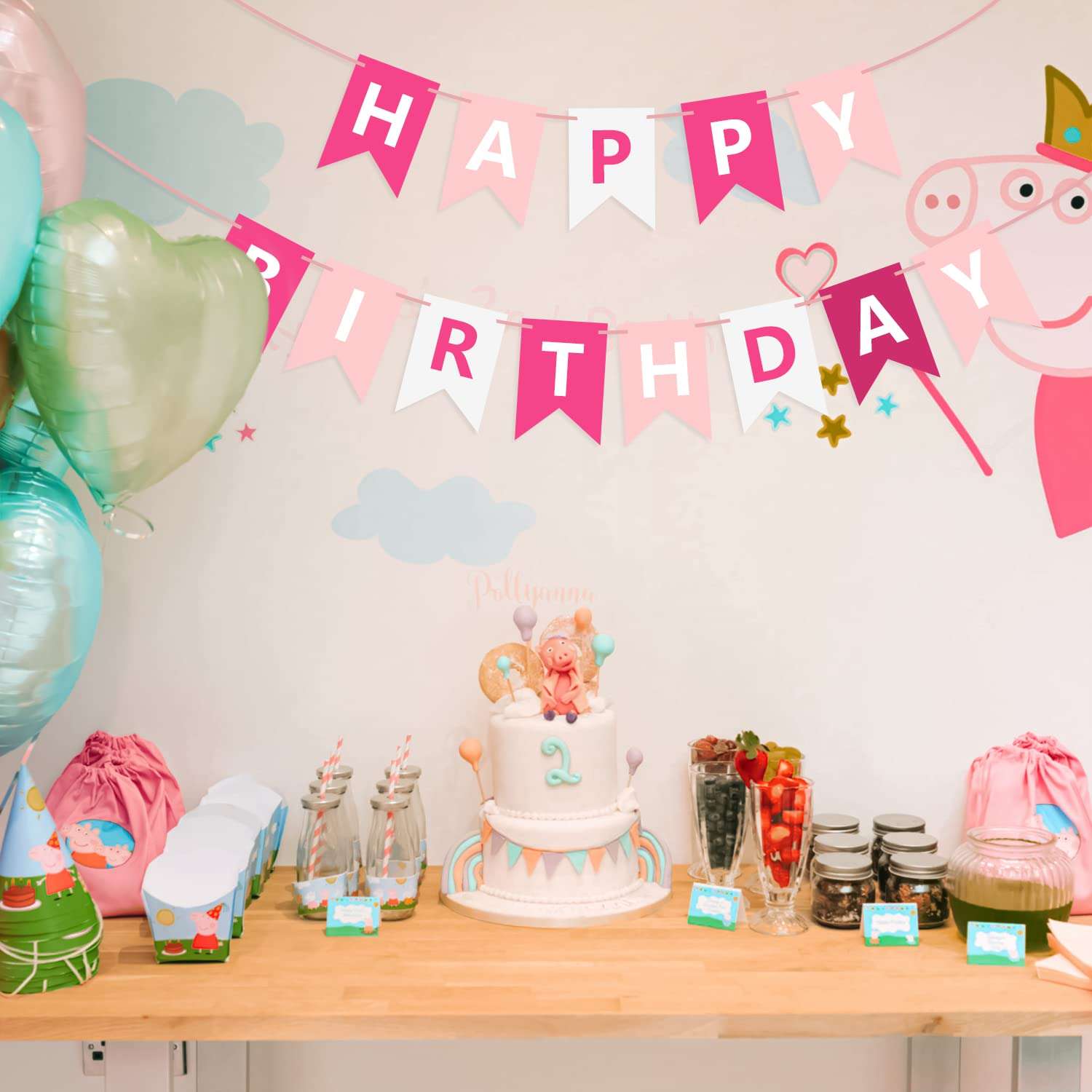 Waenerec Pink Happy Birthday Banner Sign Happy Birthday Bunting Banner Garland for Kids Girls Baby 1st Birthday Tea Party Decorations Bunting Flag Birthday Party Supplies - Image 8