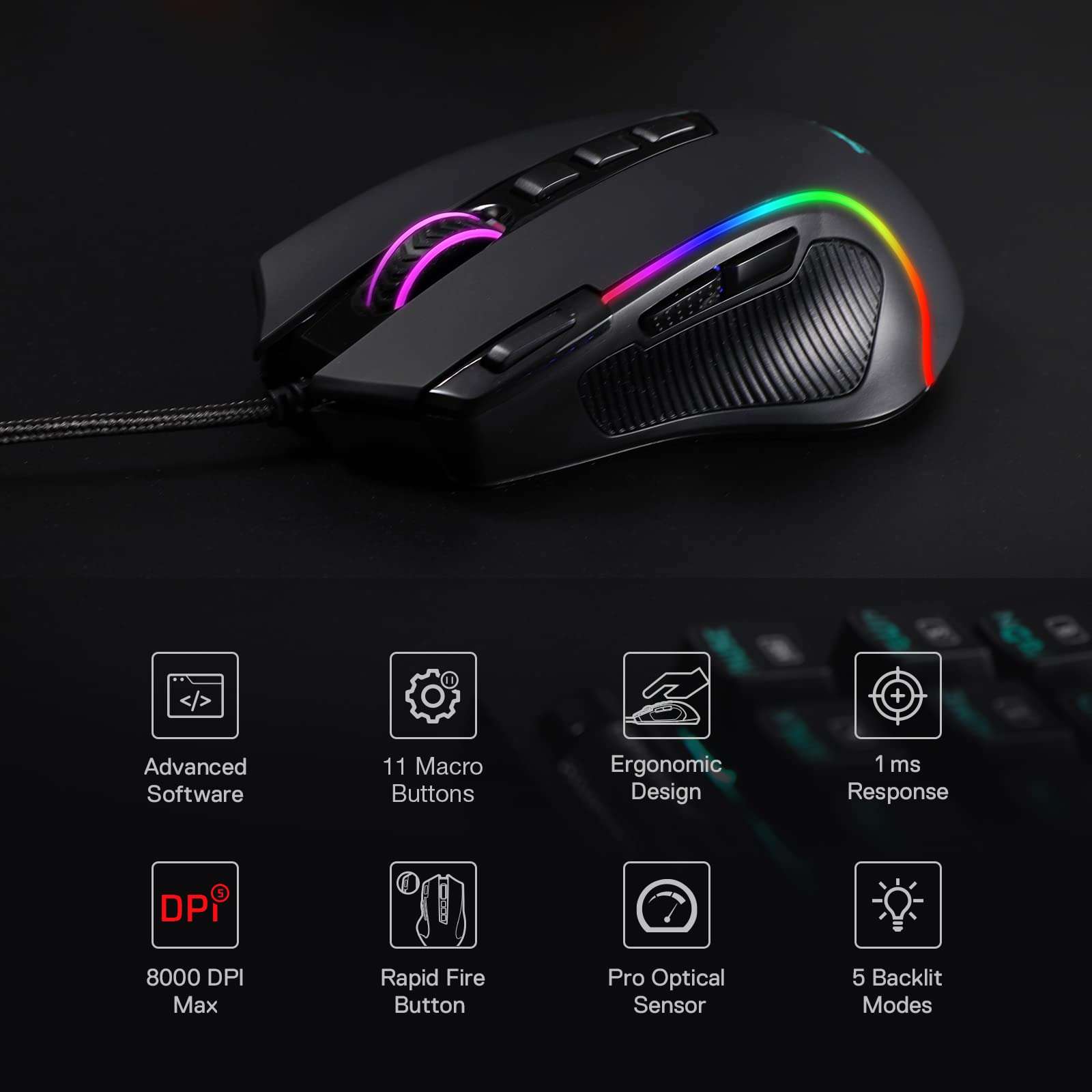 Redragon M612 Predator RGB Gaming Mouse, 8000 DPI Wired Optical Mouse with 11 Programmable Buttons & 5 Backlit Modes, Software Supports DIY Keybinds Rapid Fire Button - Image 3