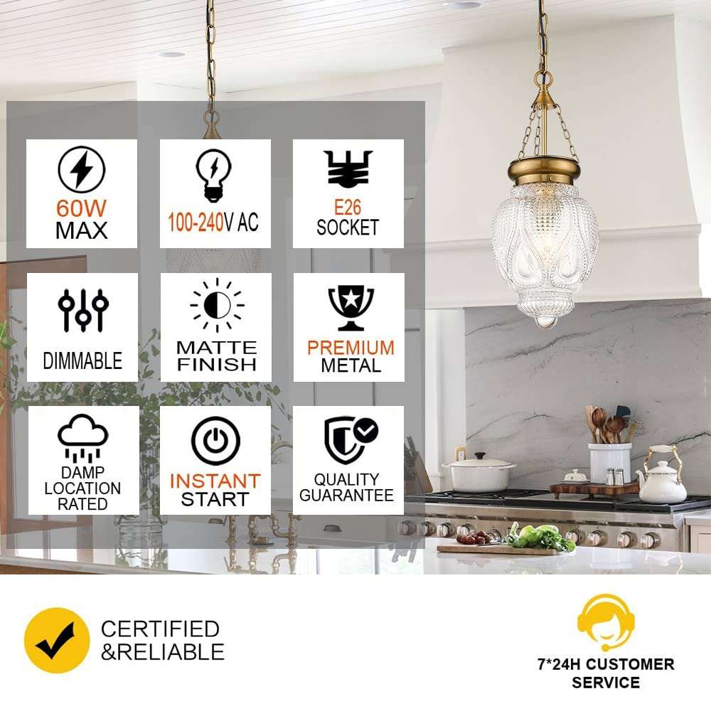 DSMJFU Brass Gold Glass Ceiling Pendant Light Kitchen Island Lighting Farmhouse Vintage Pendant Light Hanging Light Fixture for Dining Room, Entryway, Sink, Breakfast Nook - Image 3