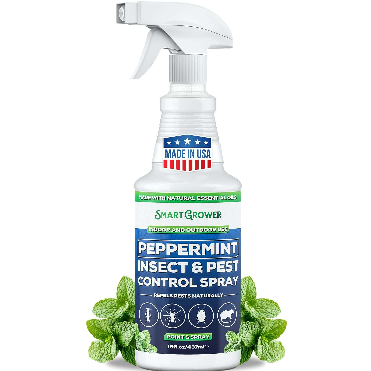 All Natural Peppermint Oil Insect & Pest Control Spray Repels Mice, Spiders, Ants, for Home, Indoor, Outdoor, Garden Maximum Strength Smart Grower Ready to Use 16 FL OZ - Image 1